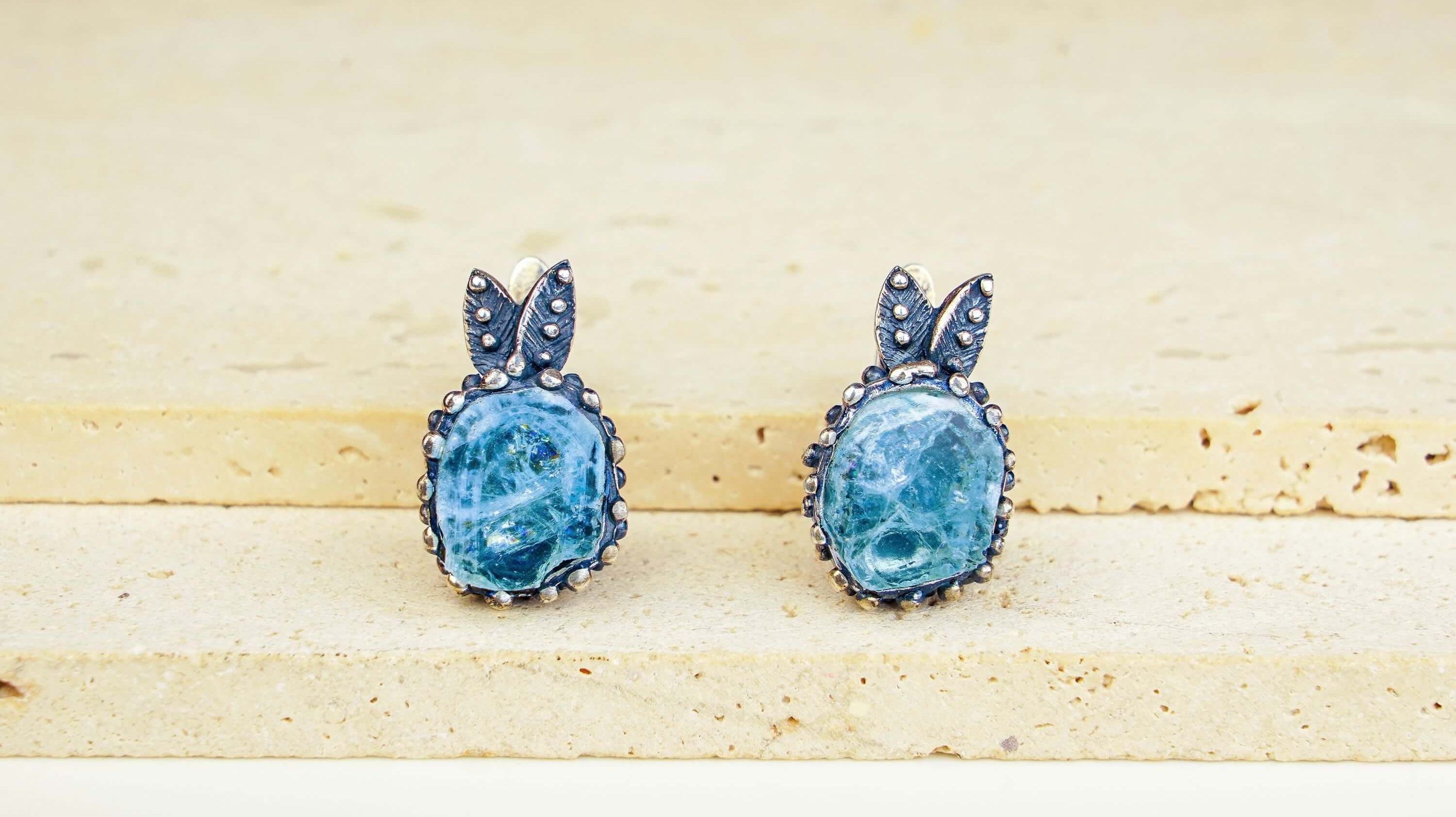 Raw blue aquamarine earrings in handcrafted sterling silver setting