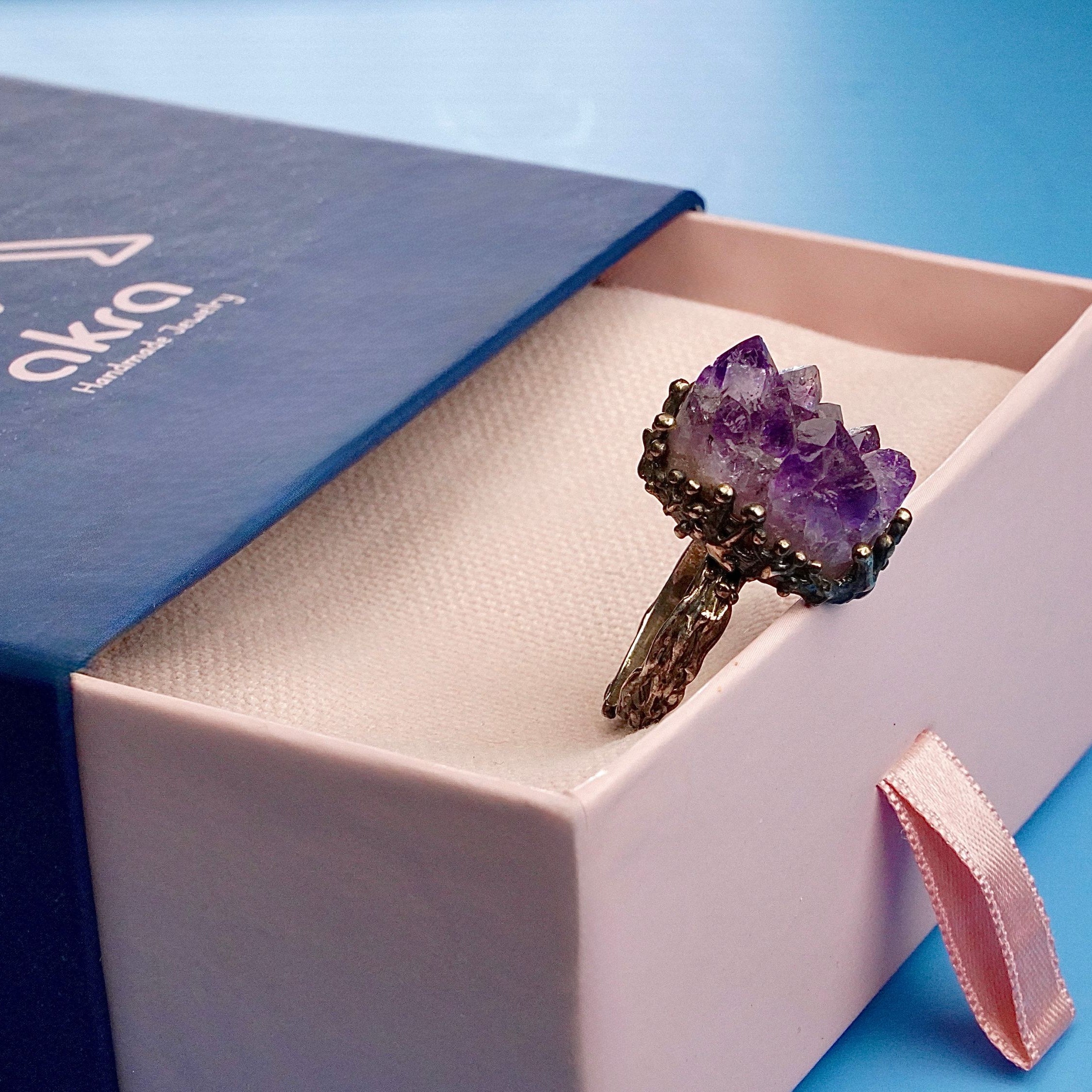 Amethyst adjustable ring in gift box packaging premium jewelry ready for gift