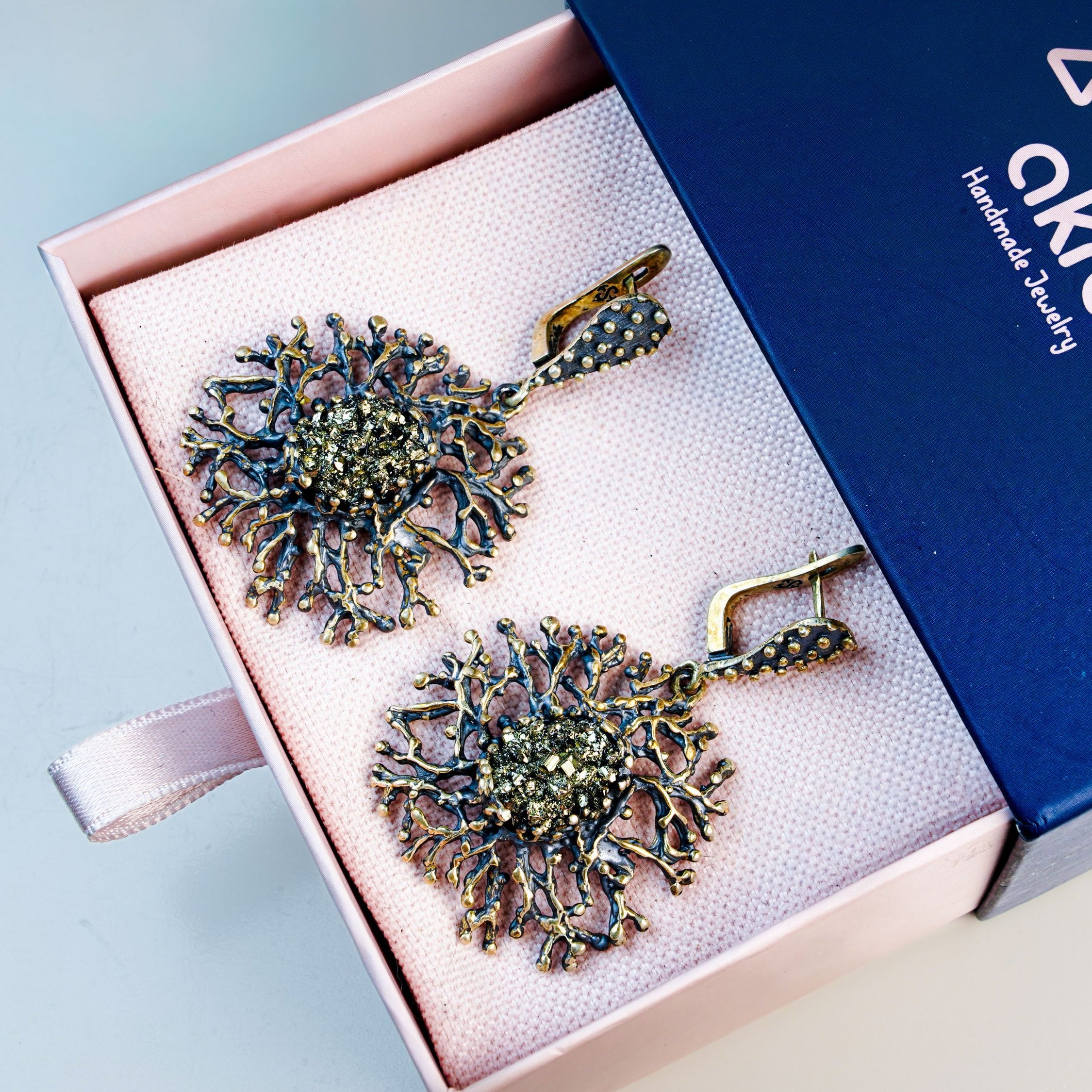 pyrite earrings gift box packaging gold statement jewelry gift for her