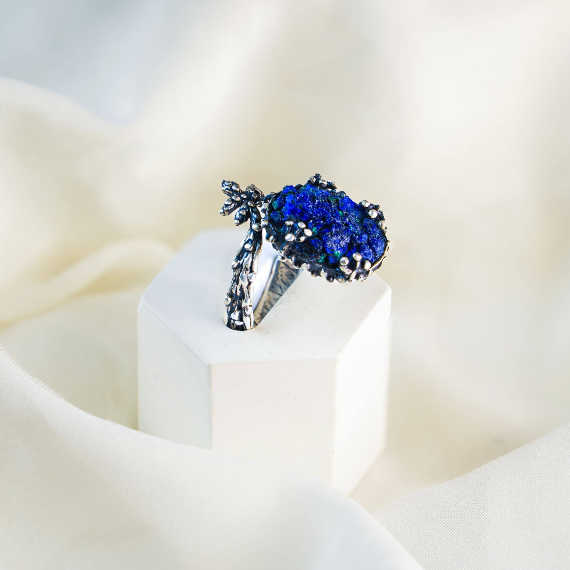 Elegant botanical style lapis lazuli ring designed and handcrafted in our Old Tbilisi studio