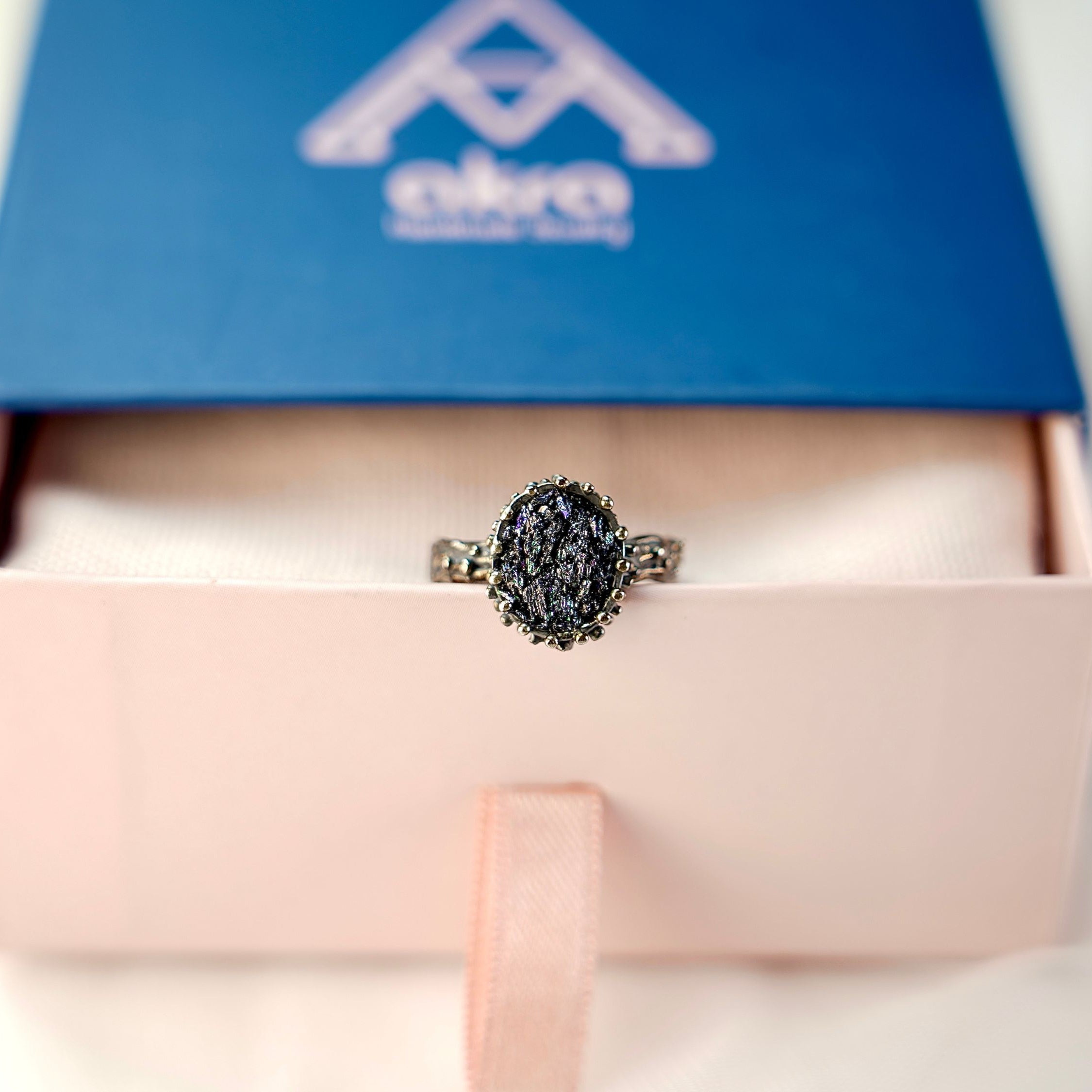 Raw tourmaline adjustable ring in gift box packaging premium jewelry ready for gift