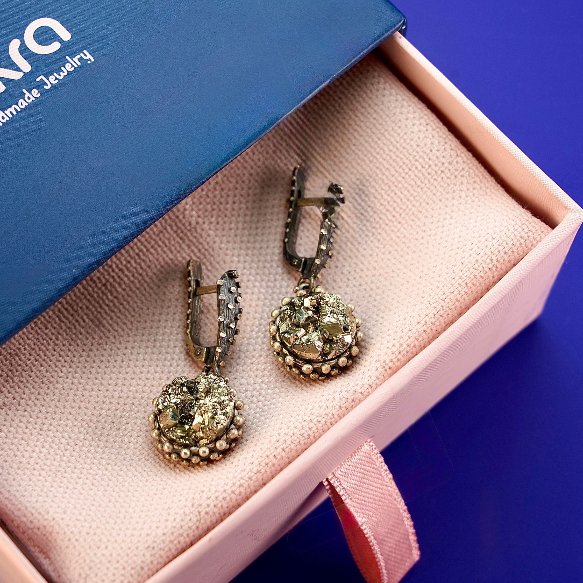 Pyrite earrings in gift box packaging premium jewelry ready for gift
