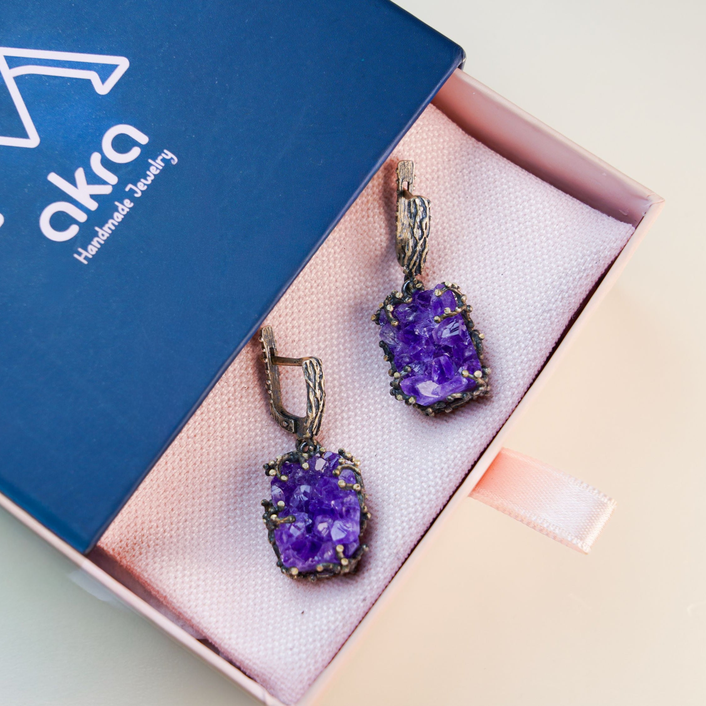 amethyst drop earrings gift box packaging purple gemstone jewelry gift for her
