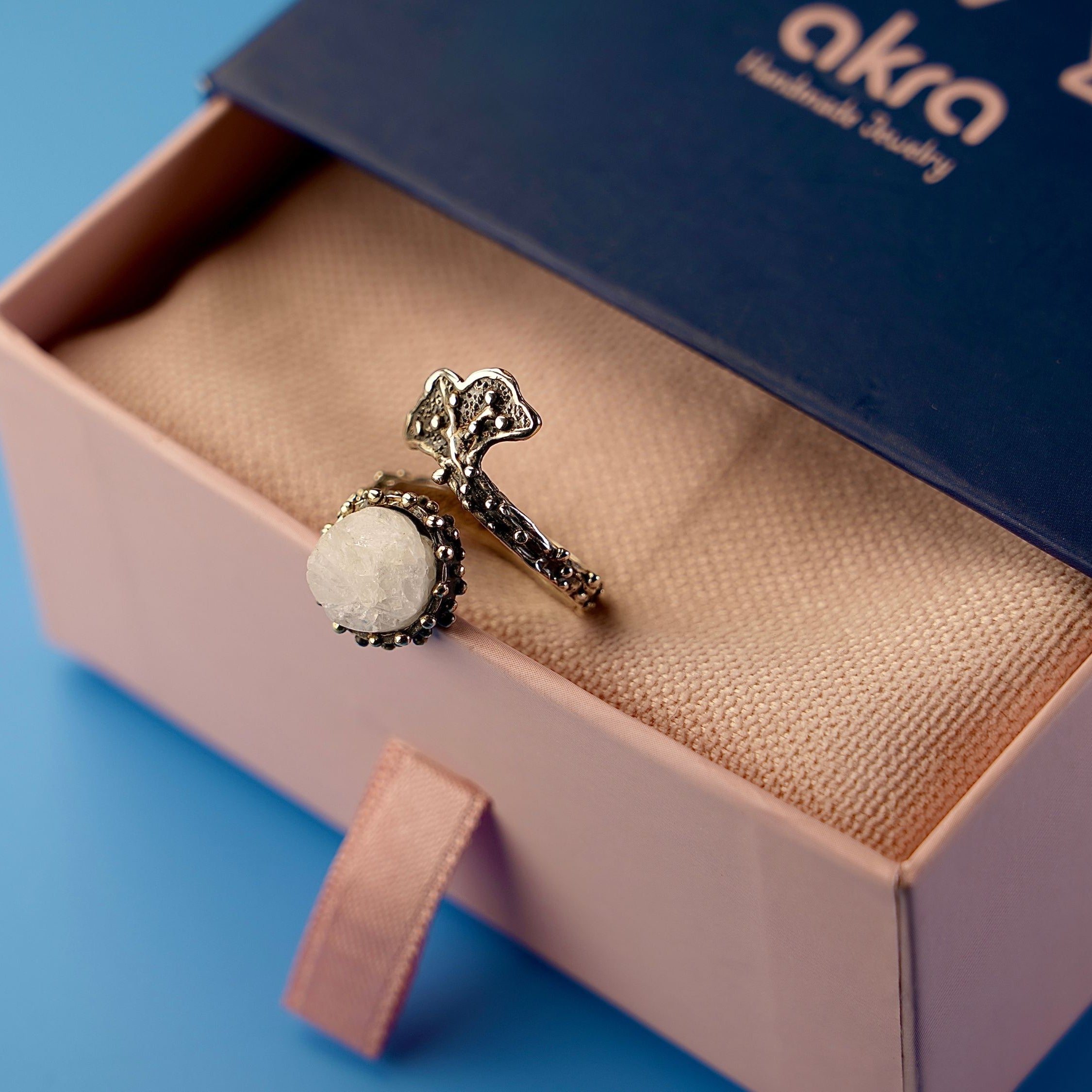 Moonstone adjustable ring in gift box packaging premium jewelry ready for gift