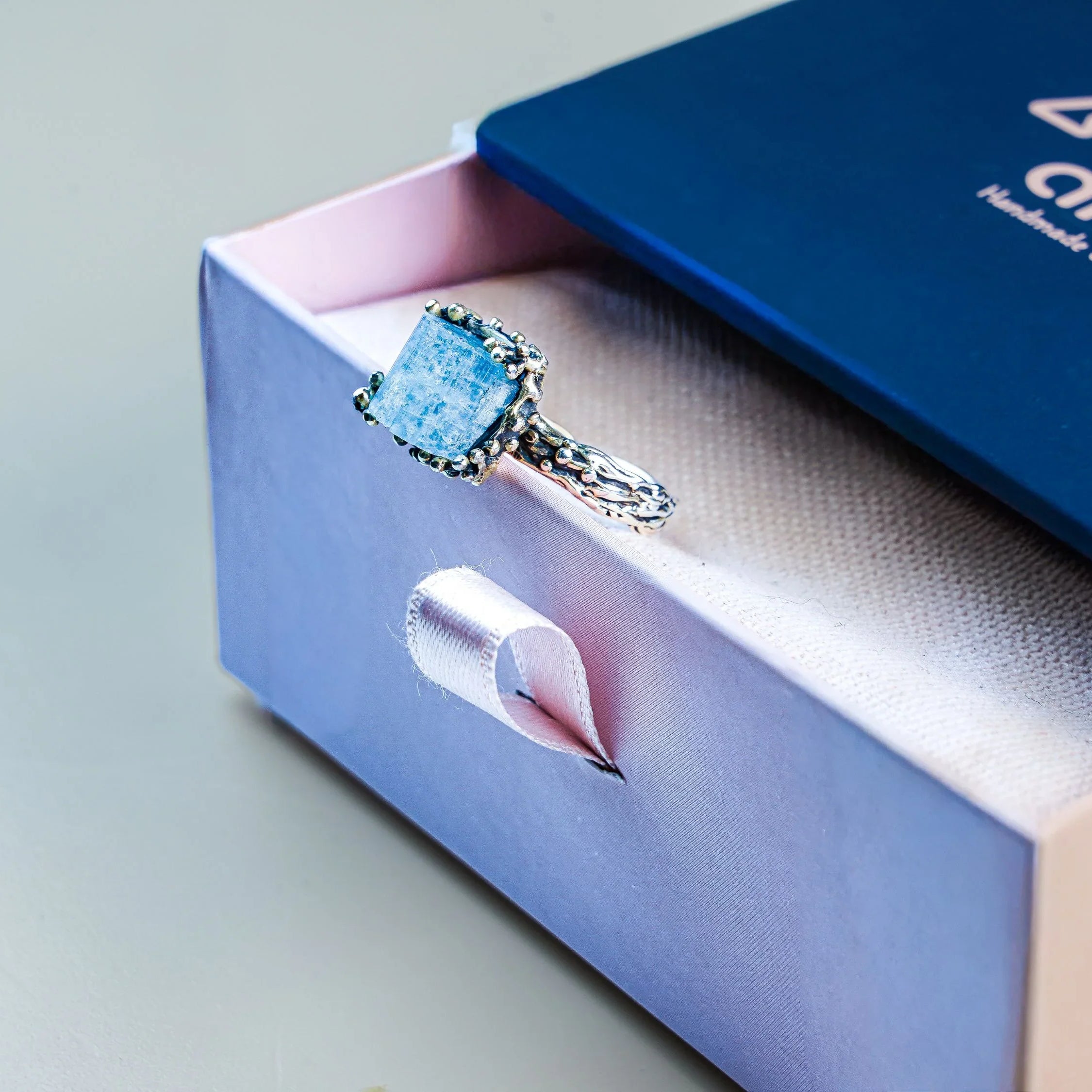 Aquamarine ring gift box packaging ready for gifting jewelry