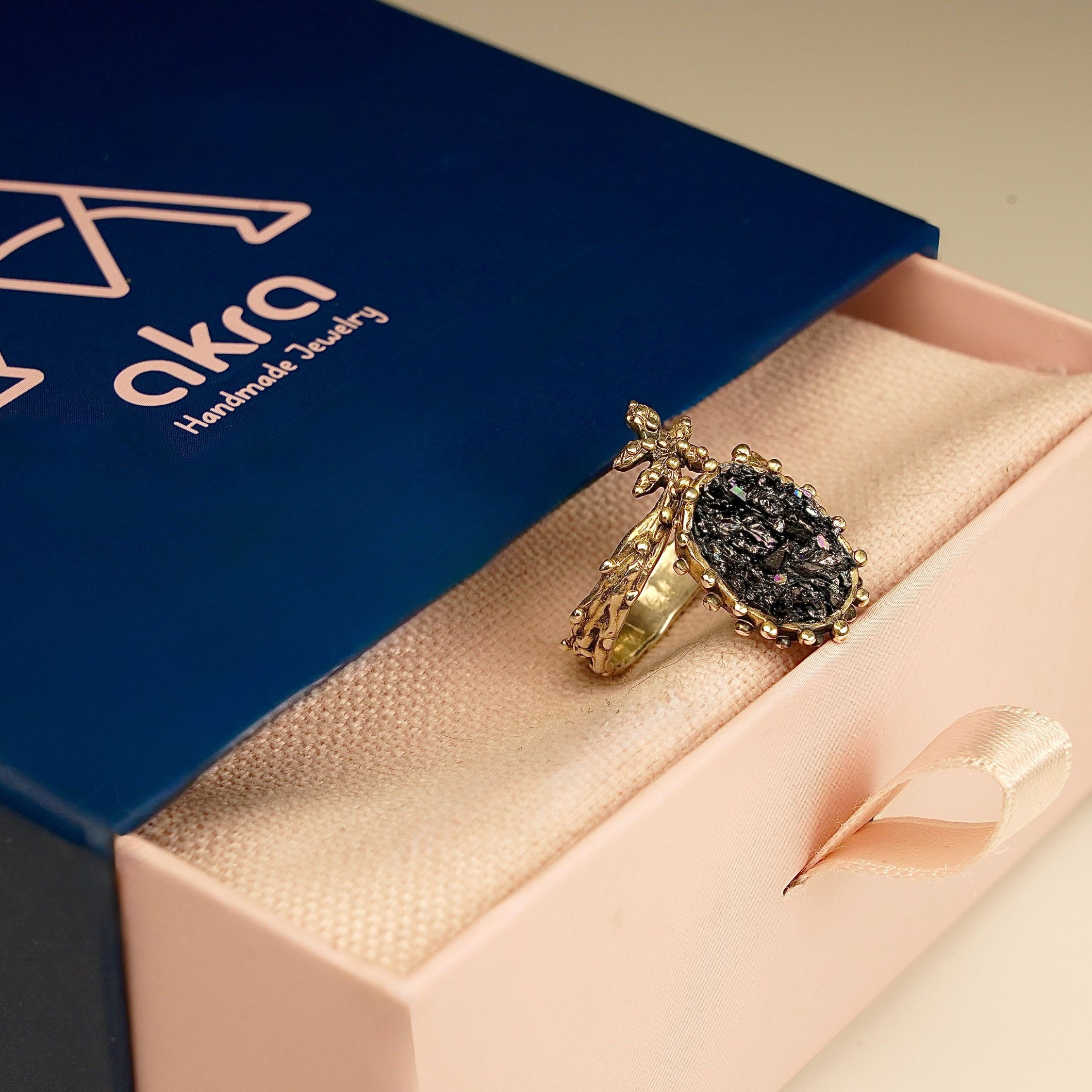 Black tourmaline ring in gift box packaging premium jewelry ready for gift