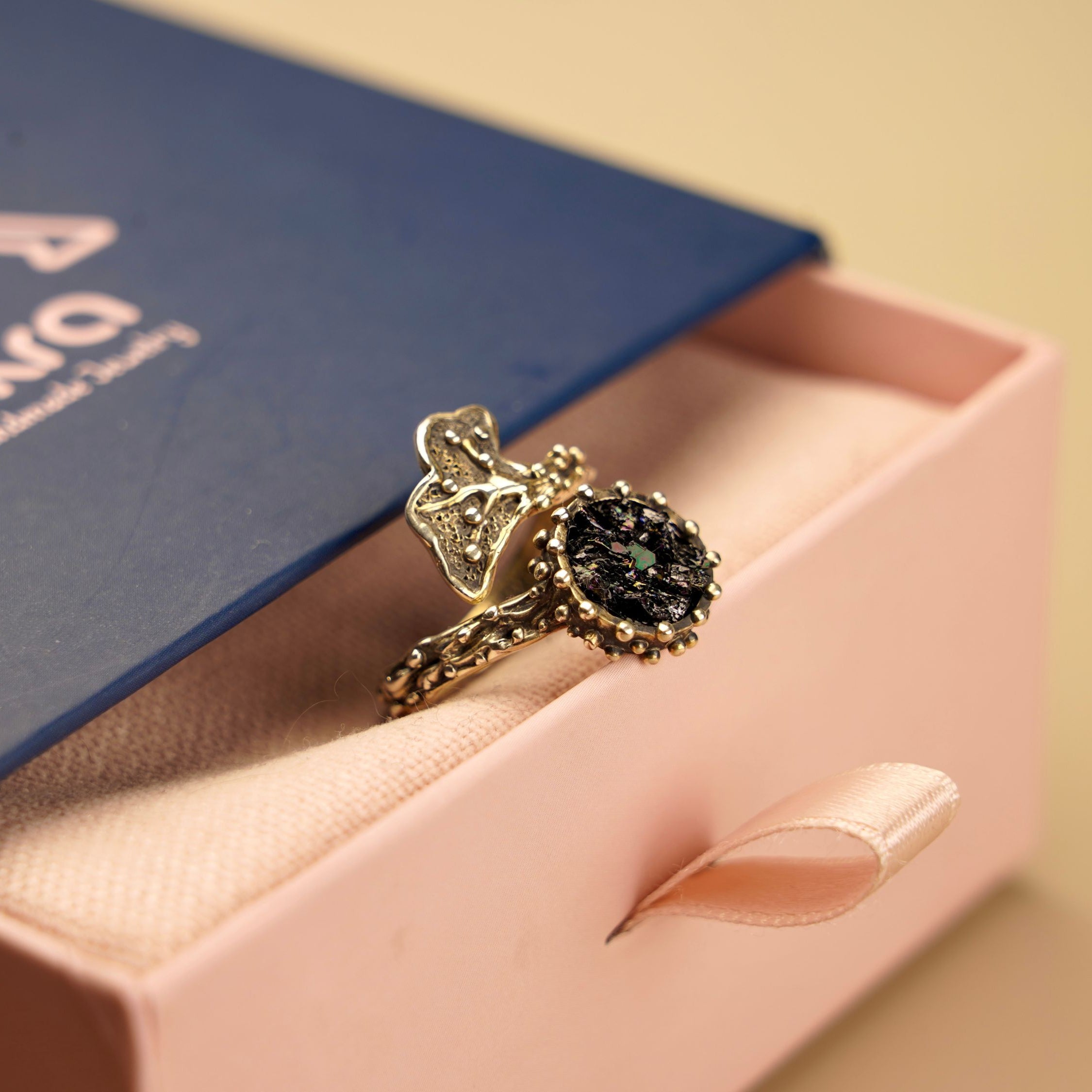 Black tourmaline ring in gift box packaging premium jewelry ready for gift