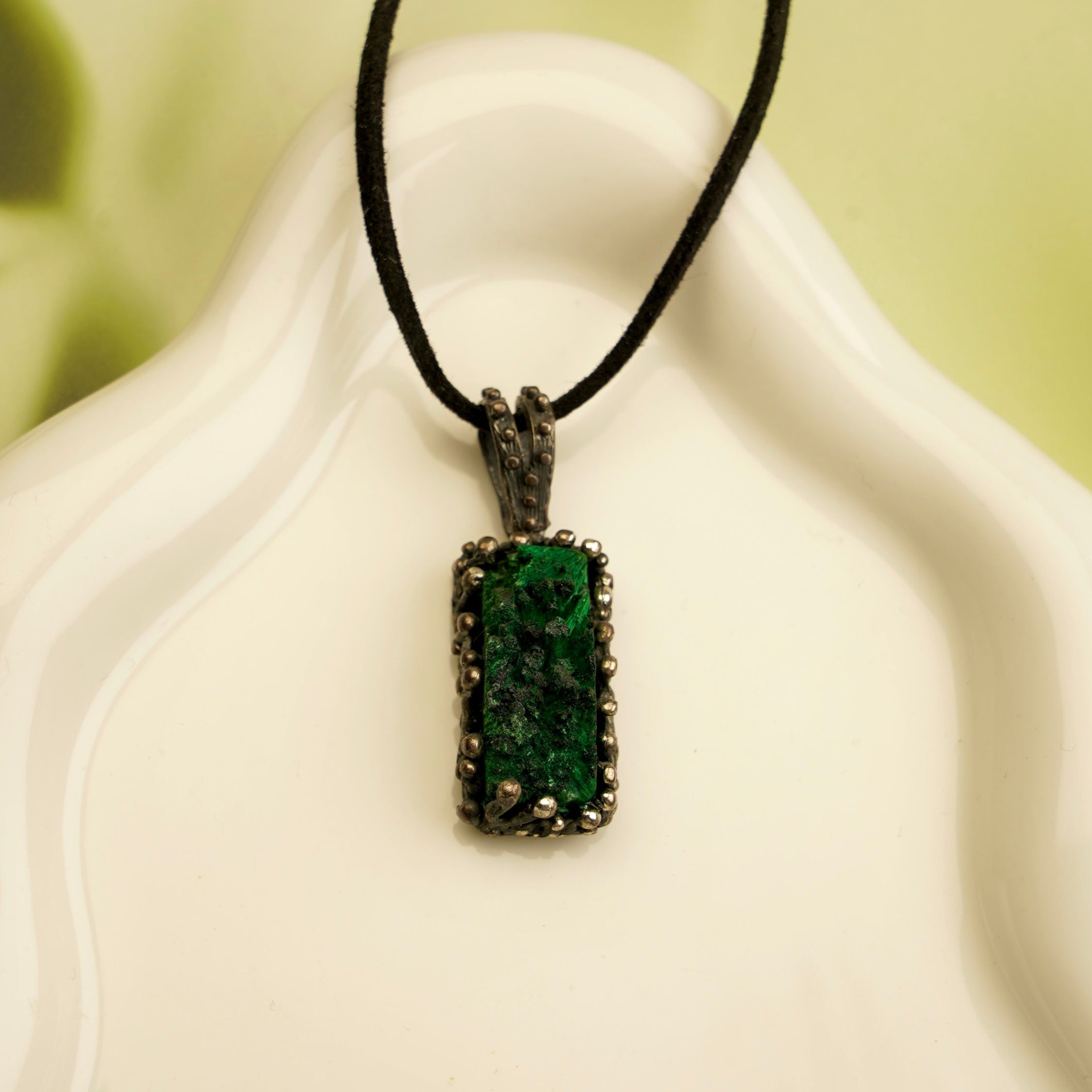 malachite necklace raw green crystal pendant sterling silver jewelry