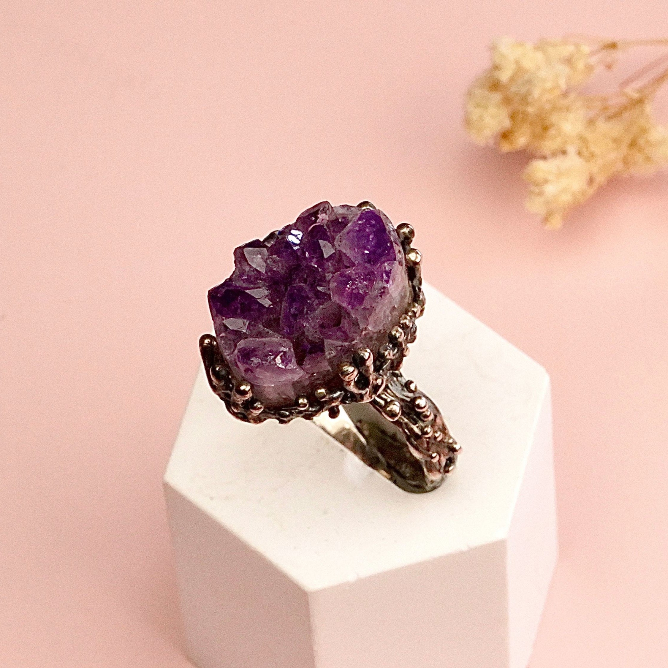 Amethyst ring raw crystal purple stone sterling silver statement ring adjustable band