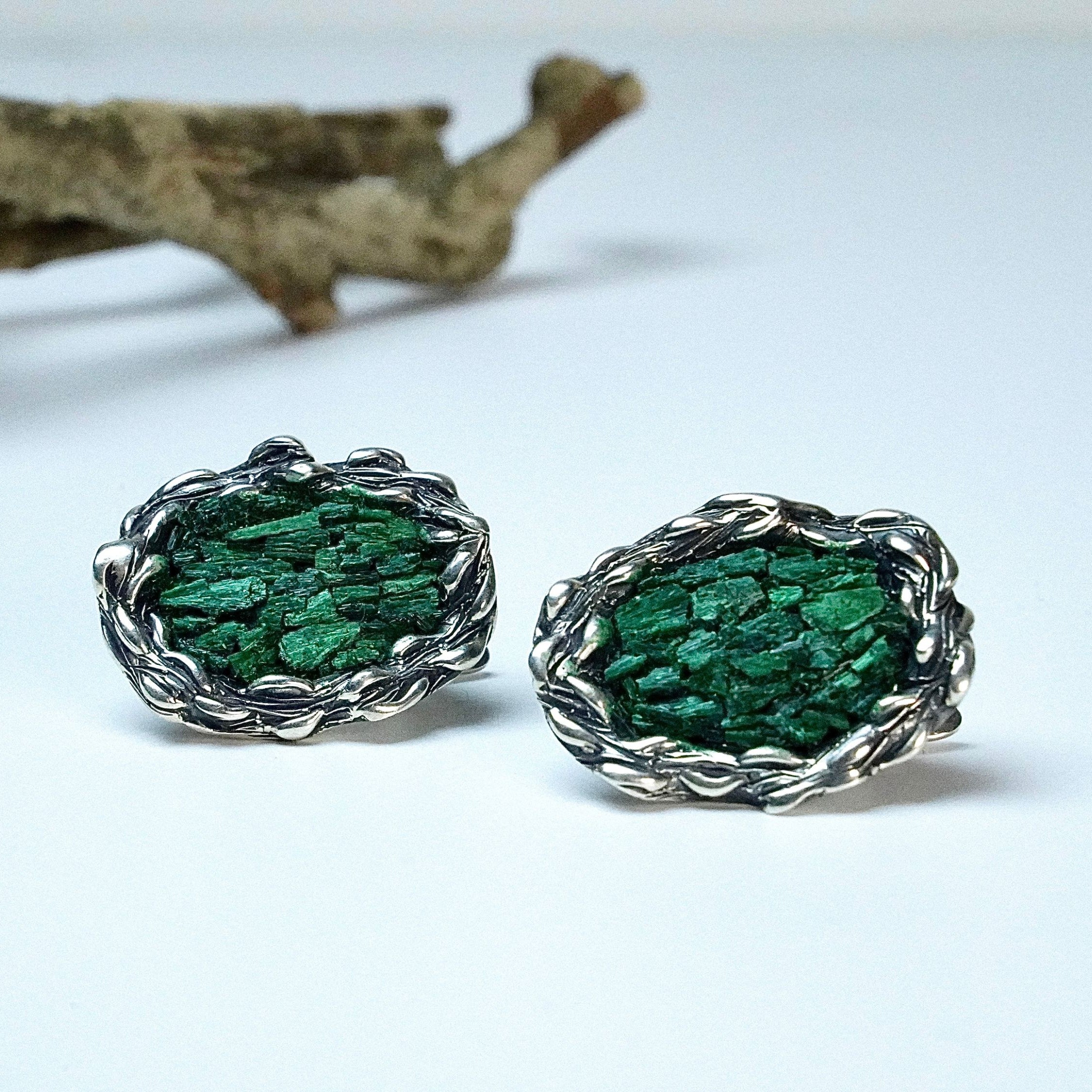 Malachite earrings raw green gemstone silver statement earrings clean hero image