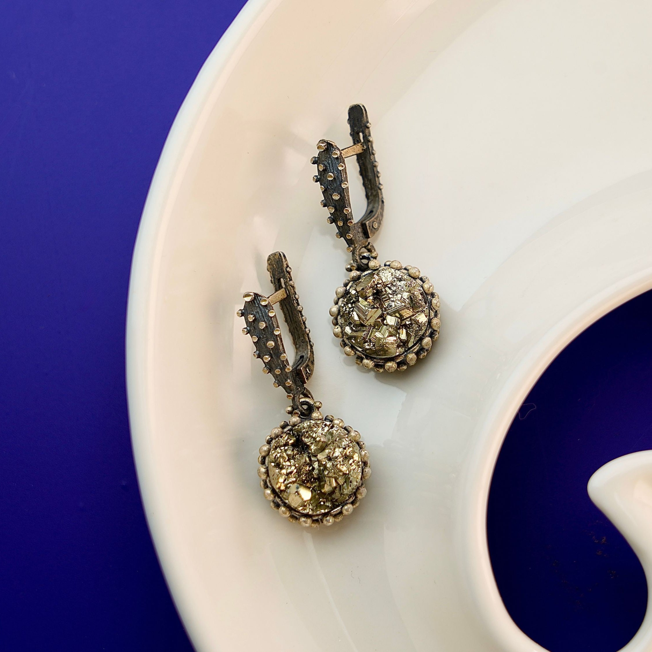 Pyrite earrings gold metallic cluster statement silver drop earrings