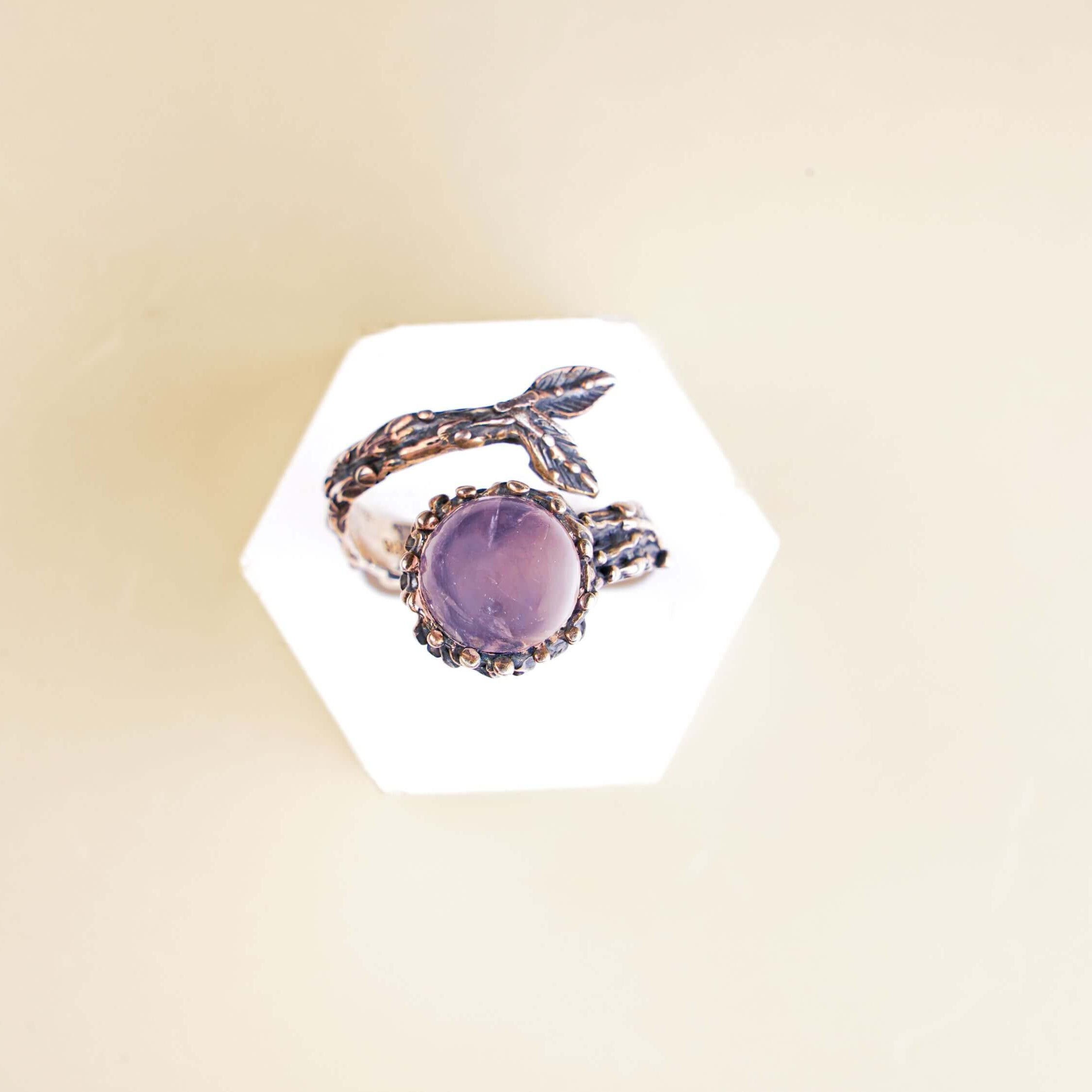 Handmade rose quartz adjustable ring with branch design silver band by Akra Gems