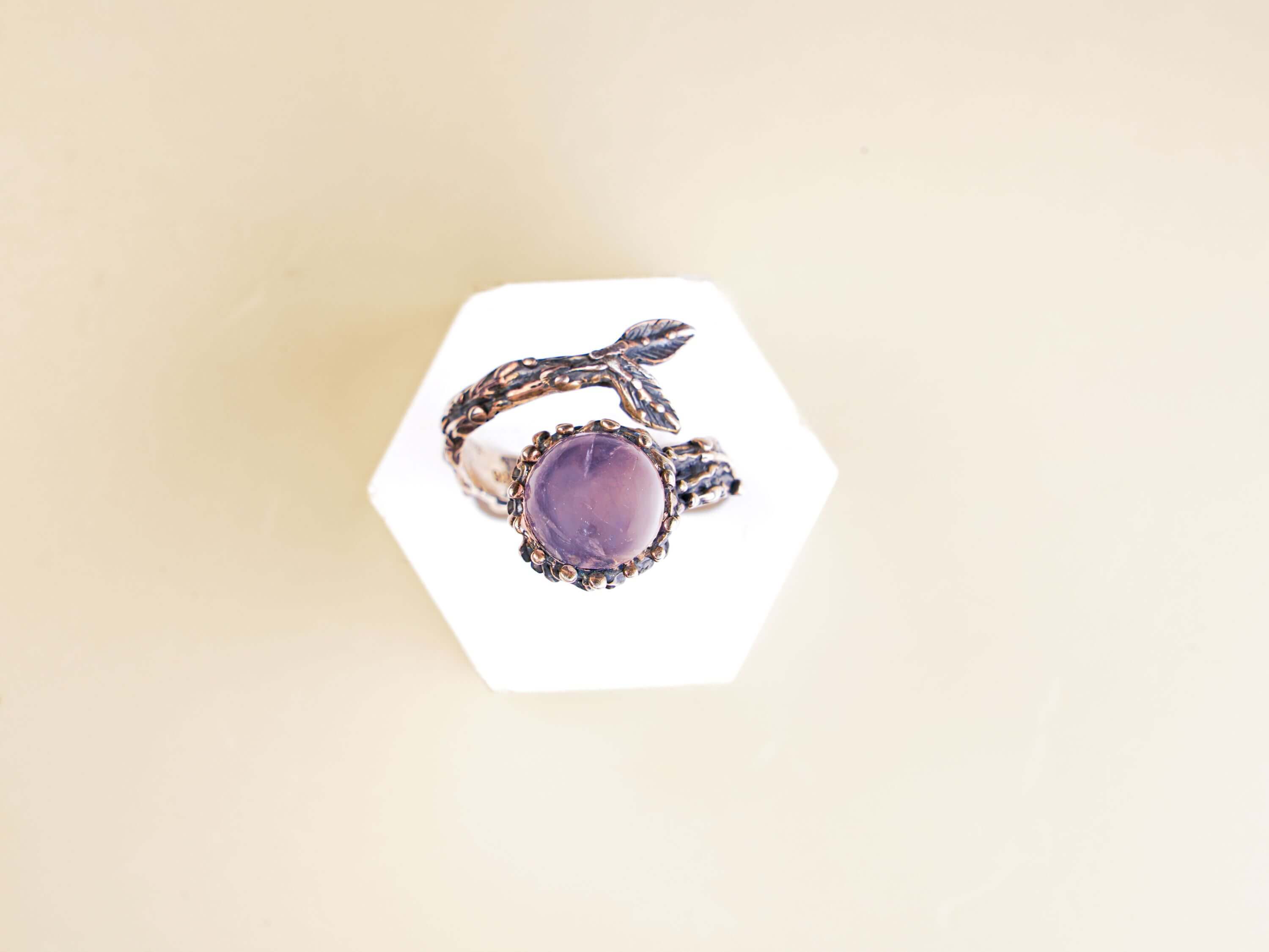 Handmade rose quartz adjustable ring with branch design silver band by Akra Gems