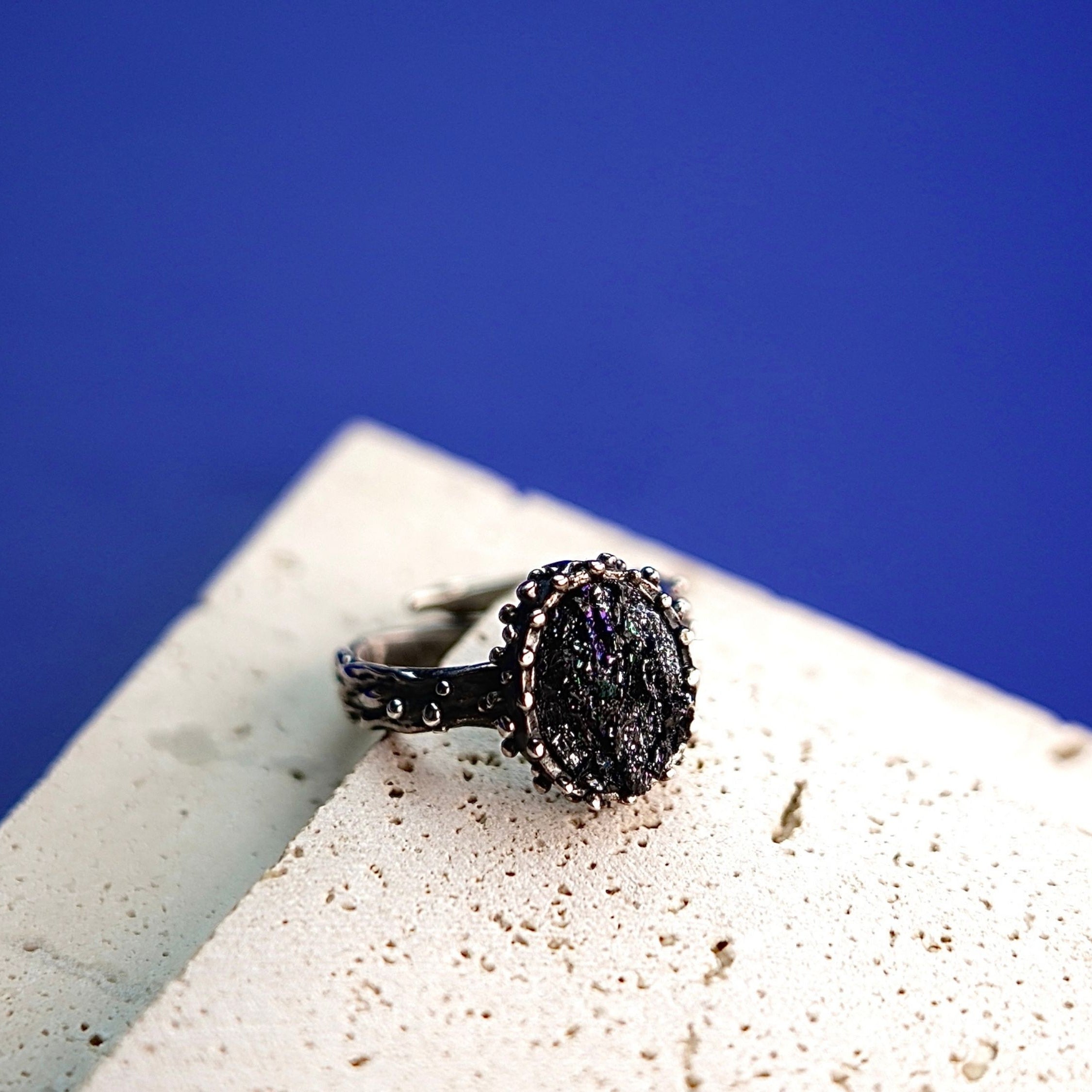Raw tourmaline ring dark stone sterling silver statement ring adjustable band gothic jewelry