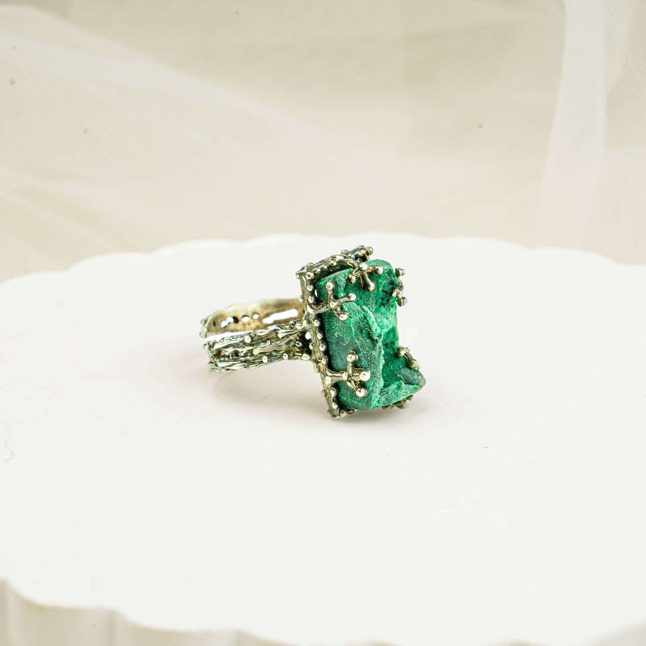 Handmade malachite bold green adjustable ring in vintage silver setting by Akra Gems