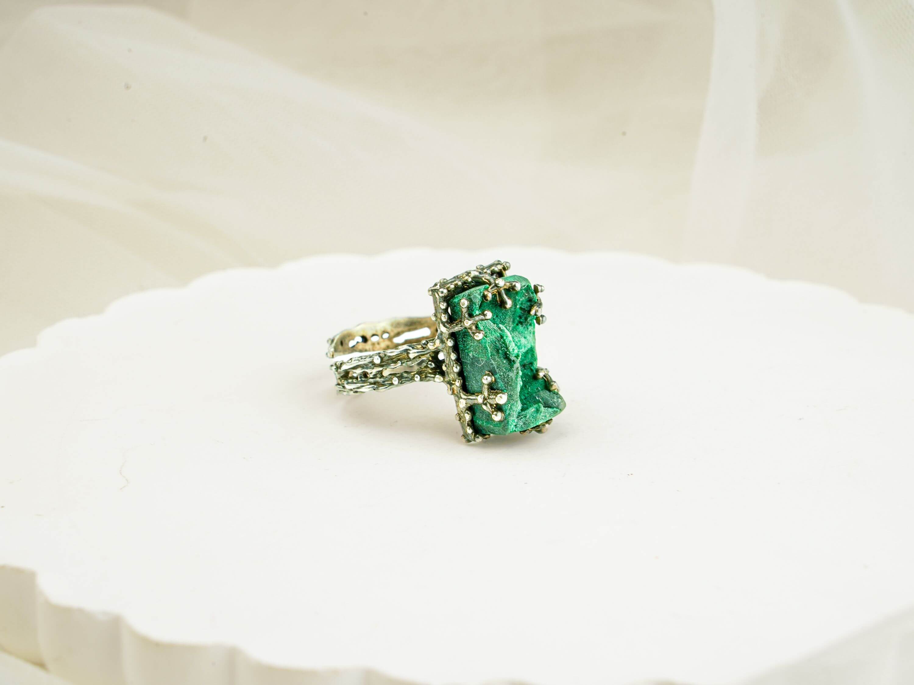 Handmade malachite bold green adjustable ring in vintage silver setting by Akra Gems