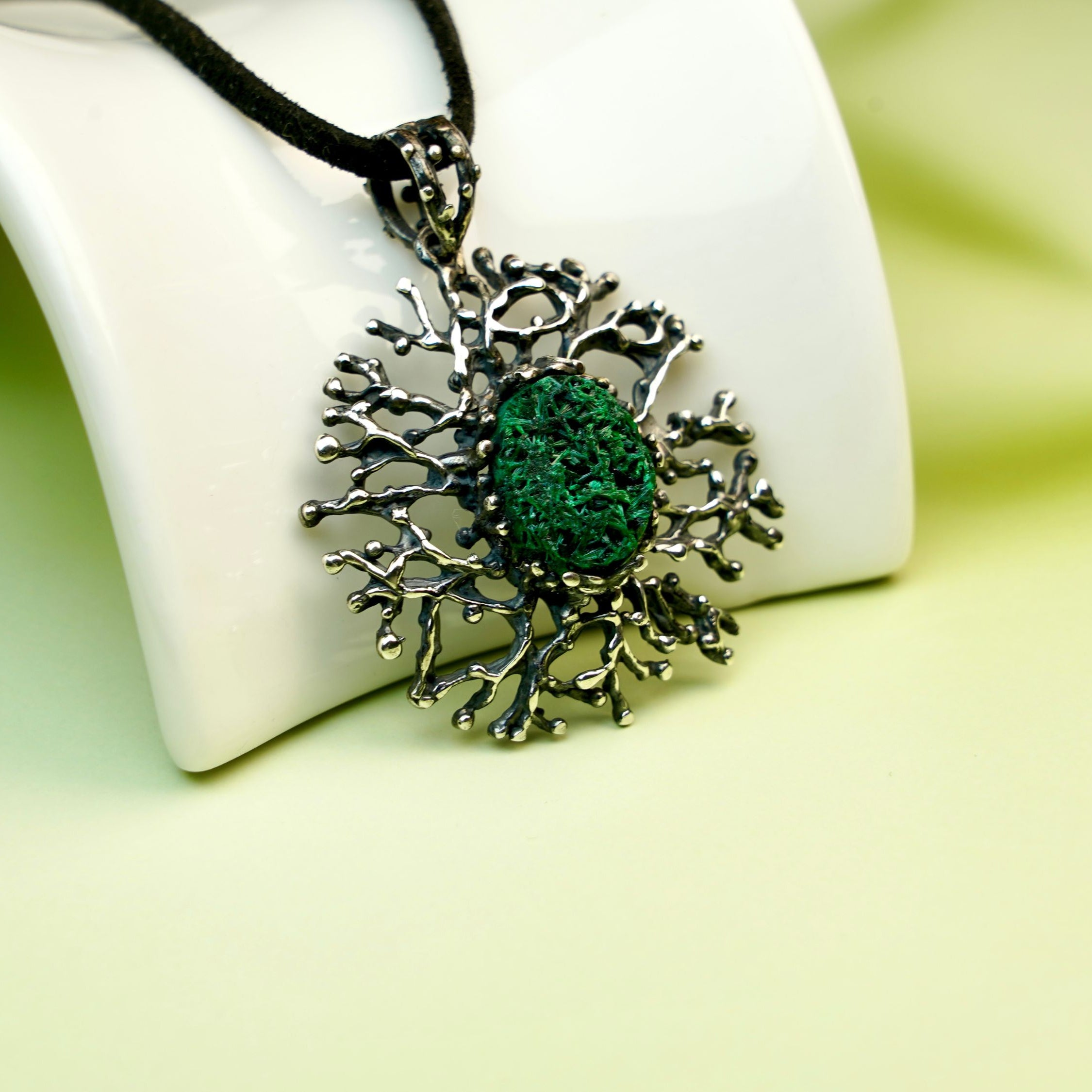 Malachite necklace sterling silver green gemstone pendant elegant minimal jewelry thumbnail