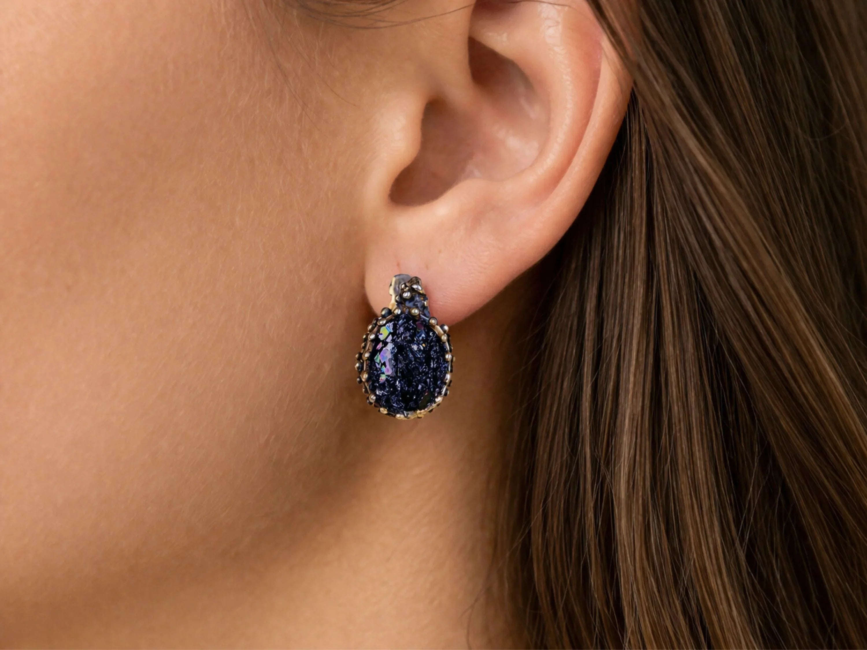 Black moissanite earrings worn on ear leverback sterling silver dark gemstone