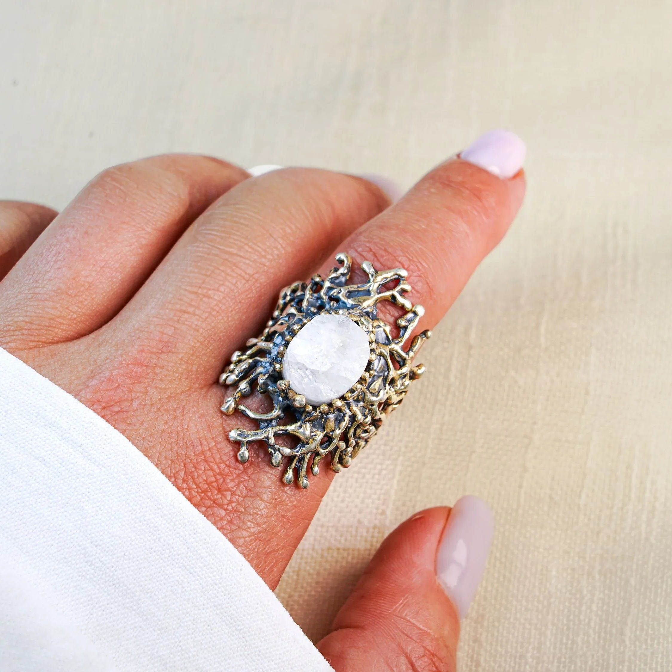 Moonstone statement ring worn on hand sterling silver organic sculptural design