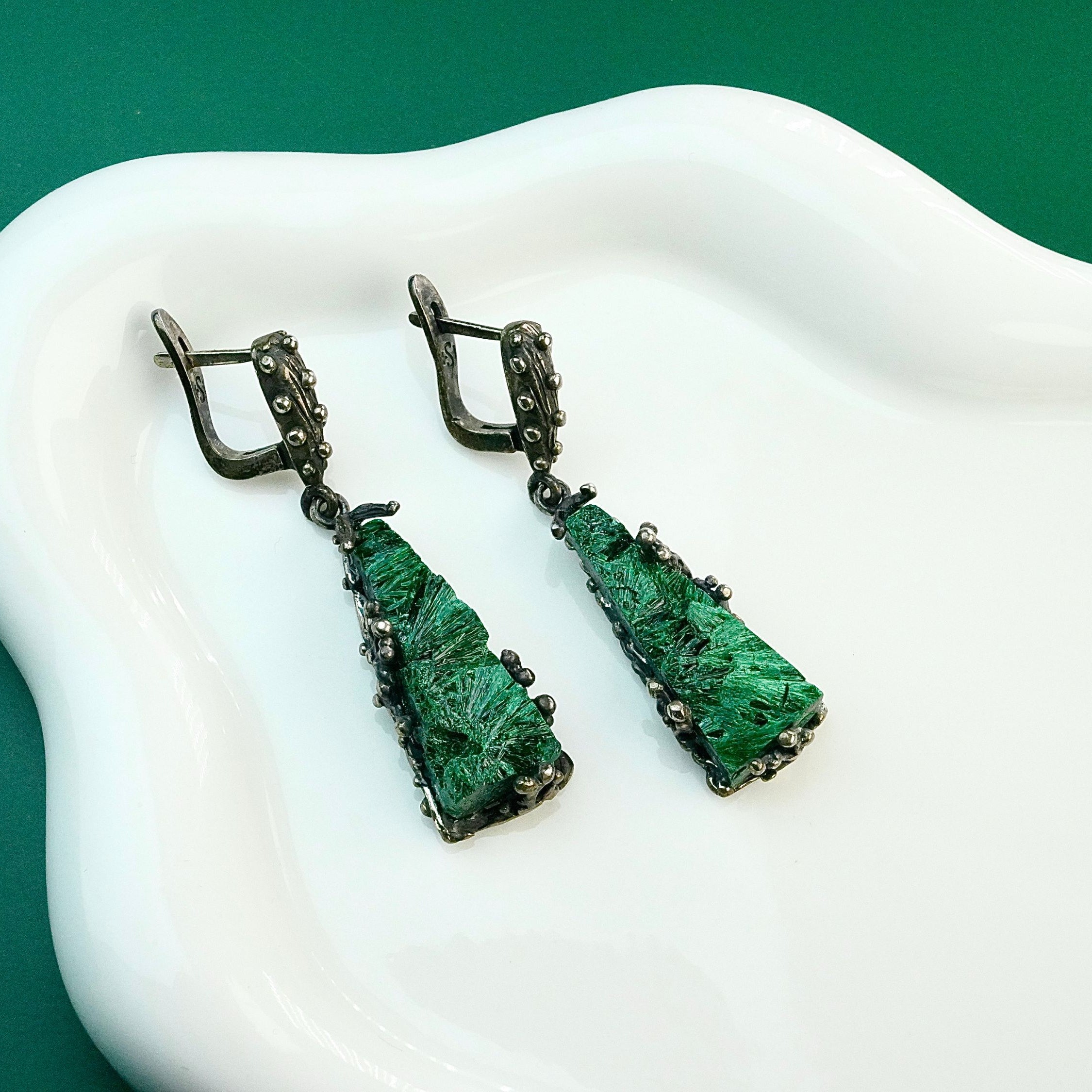 malachite drop earrings long green gemstone dangle earrings sterling silver
