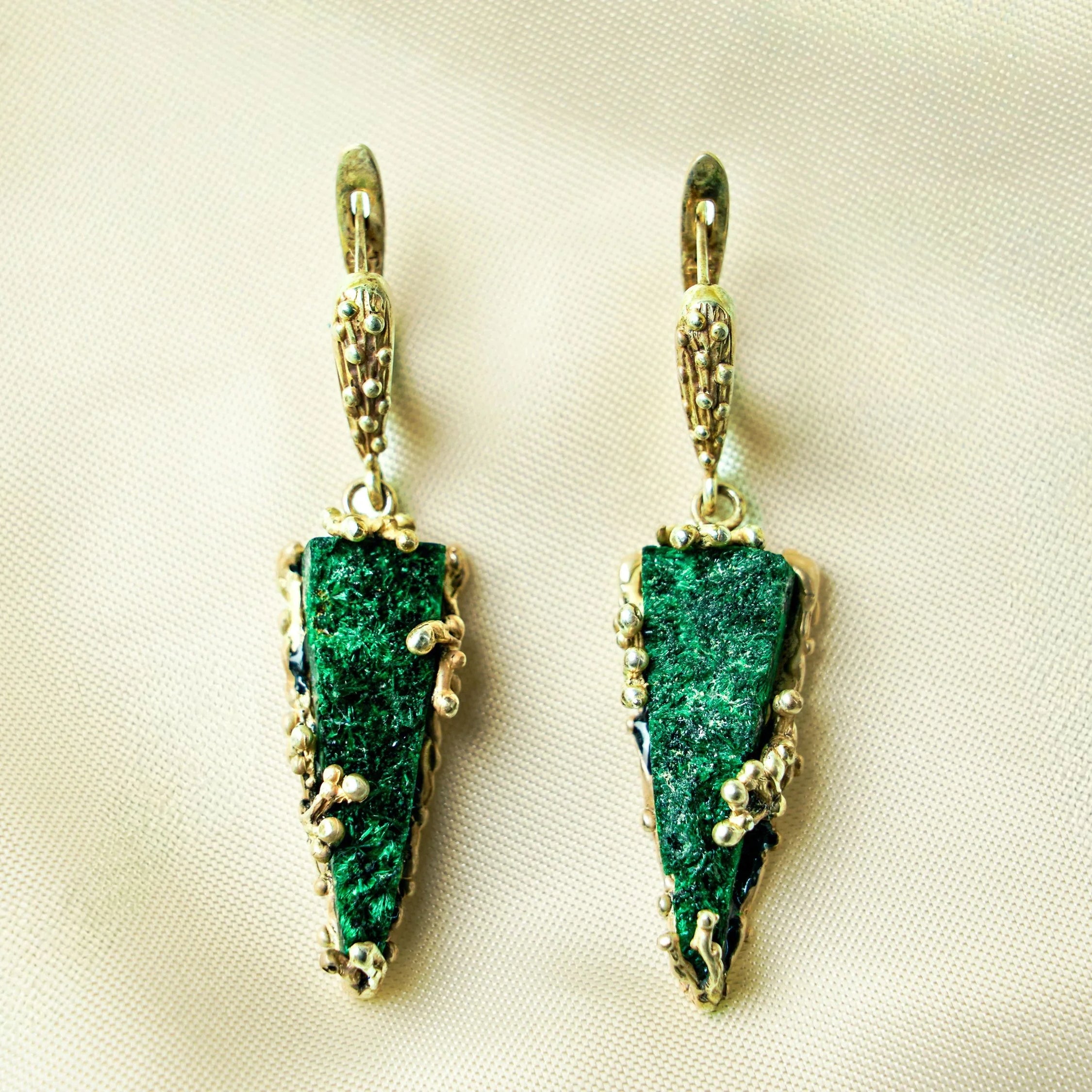 Malachite earrings green gemstone sterling silver leverback raw texture