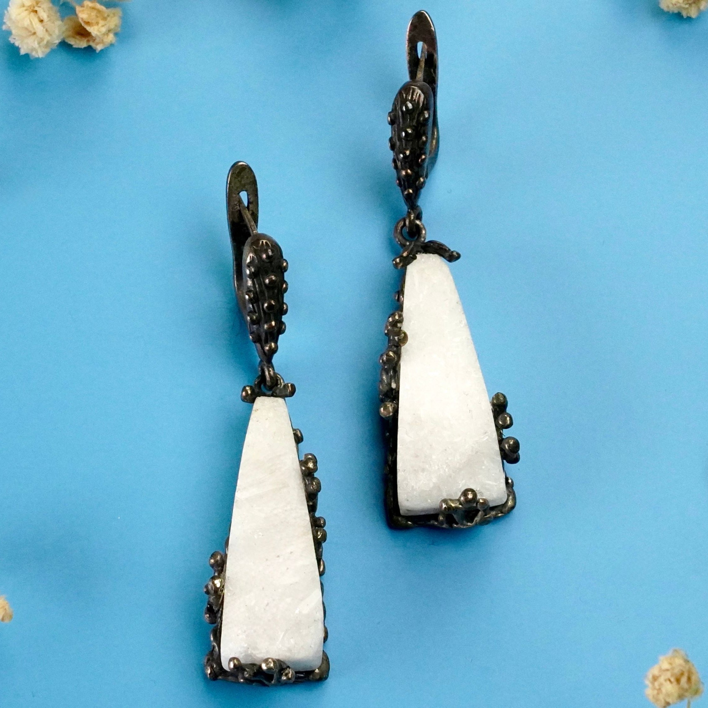 Moonstone earrings raw white crystal silver drop earrings luxury clean hero image