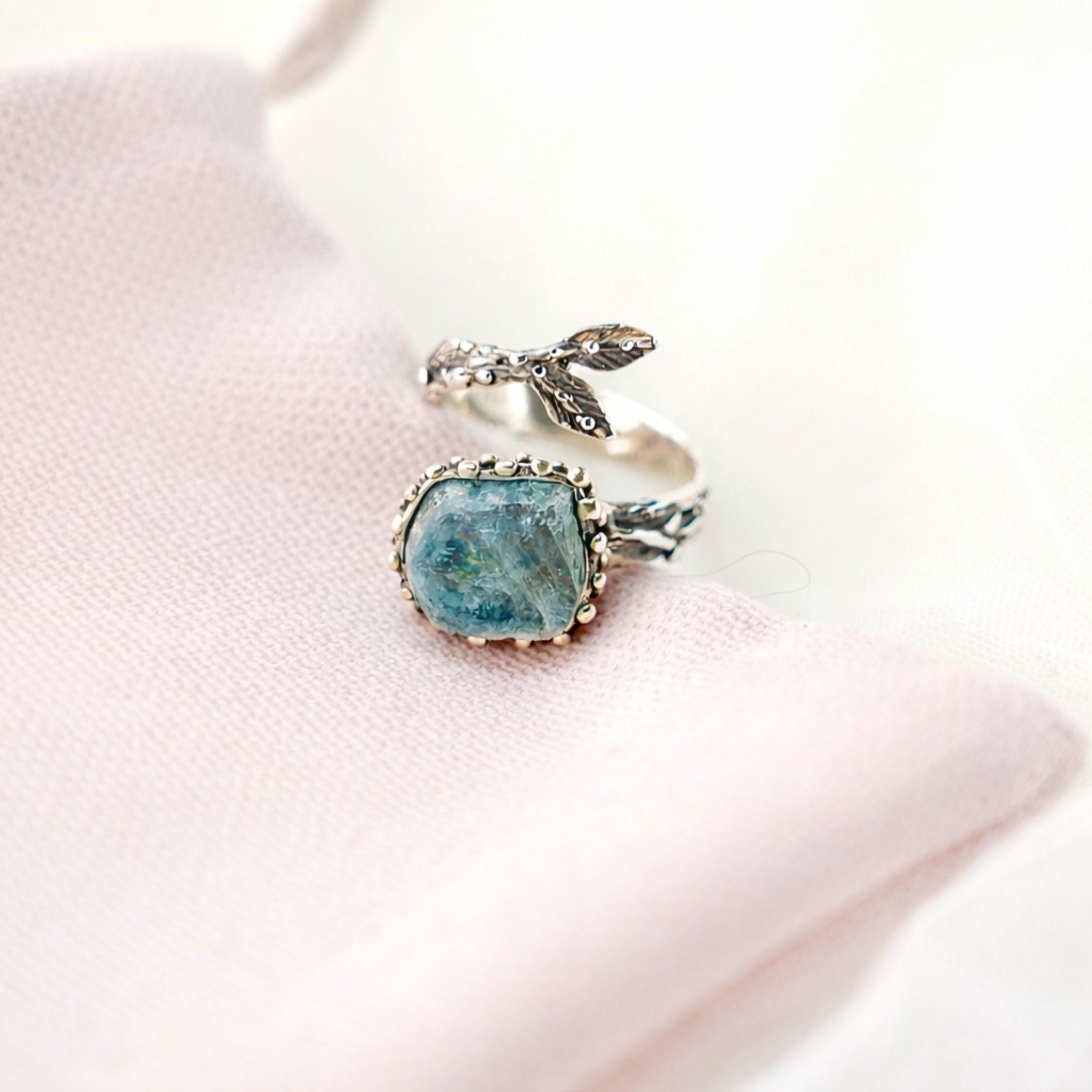 Aquamarine ring ocean blue gemstone sterling silver statement ring adjustable band