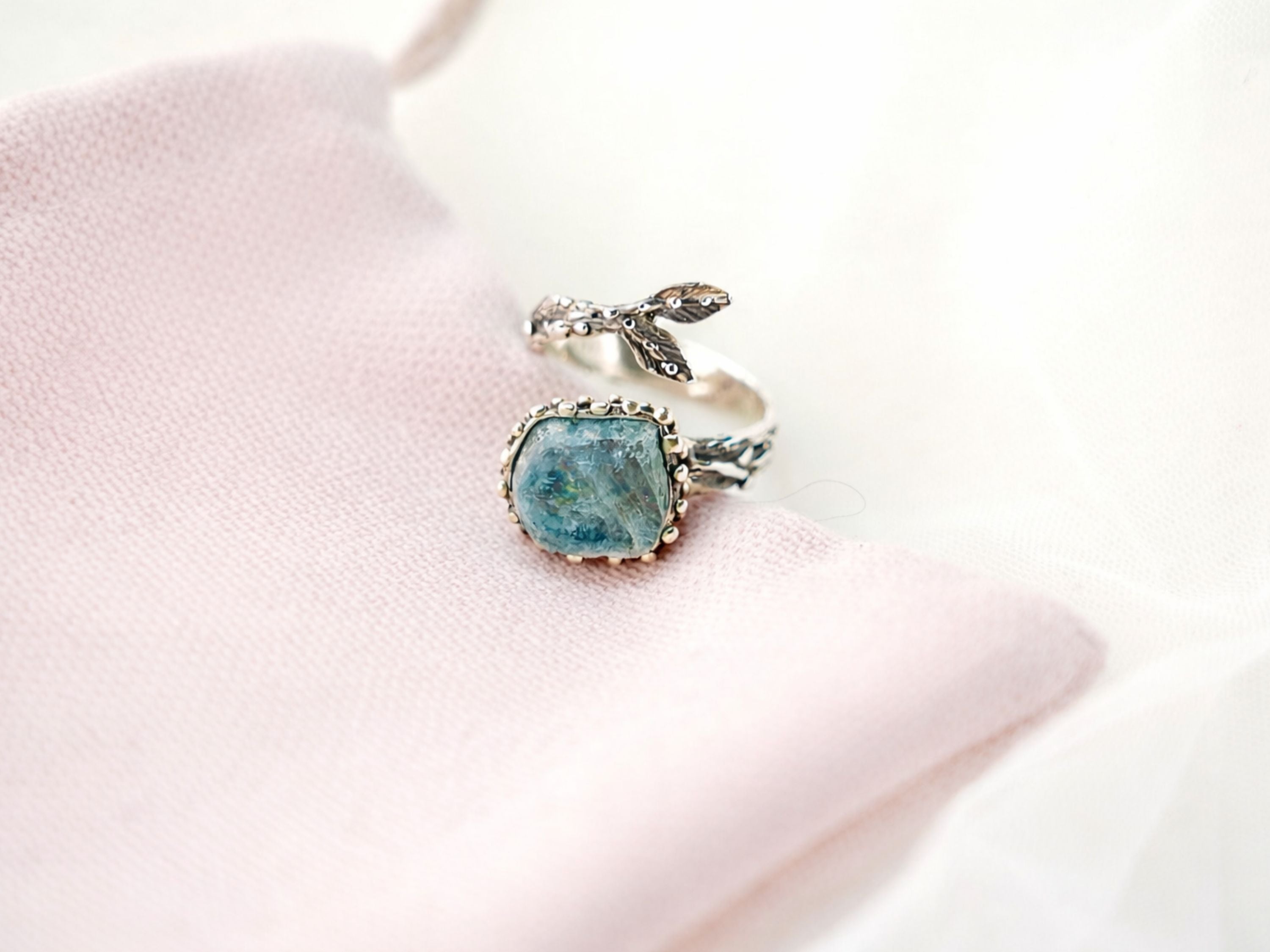 Aquamarine ring ocean blue gemstone sterling silver statement ring adjustable band