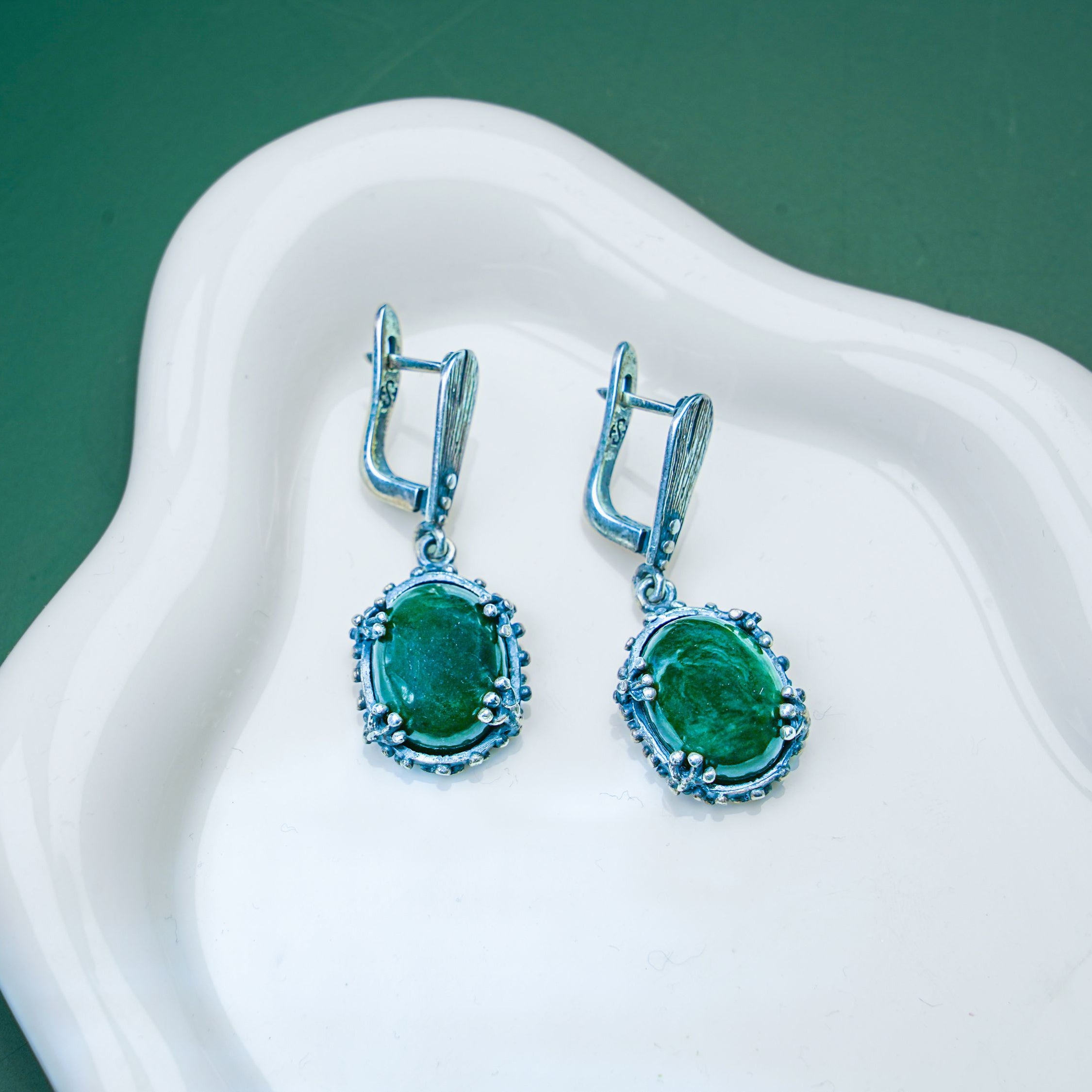 Jade earrings green gemstone silver leverback earrings luxury clean hero image