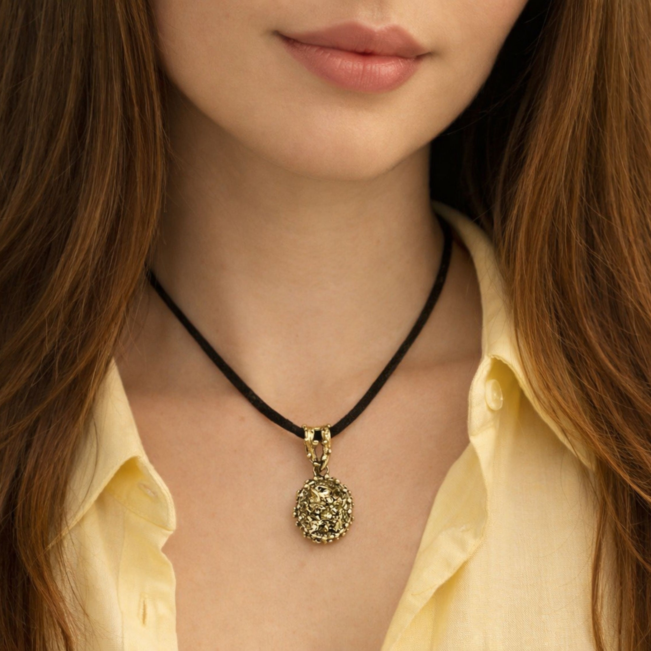 pyrite necklace on model gold gemstone pendant size reference