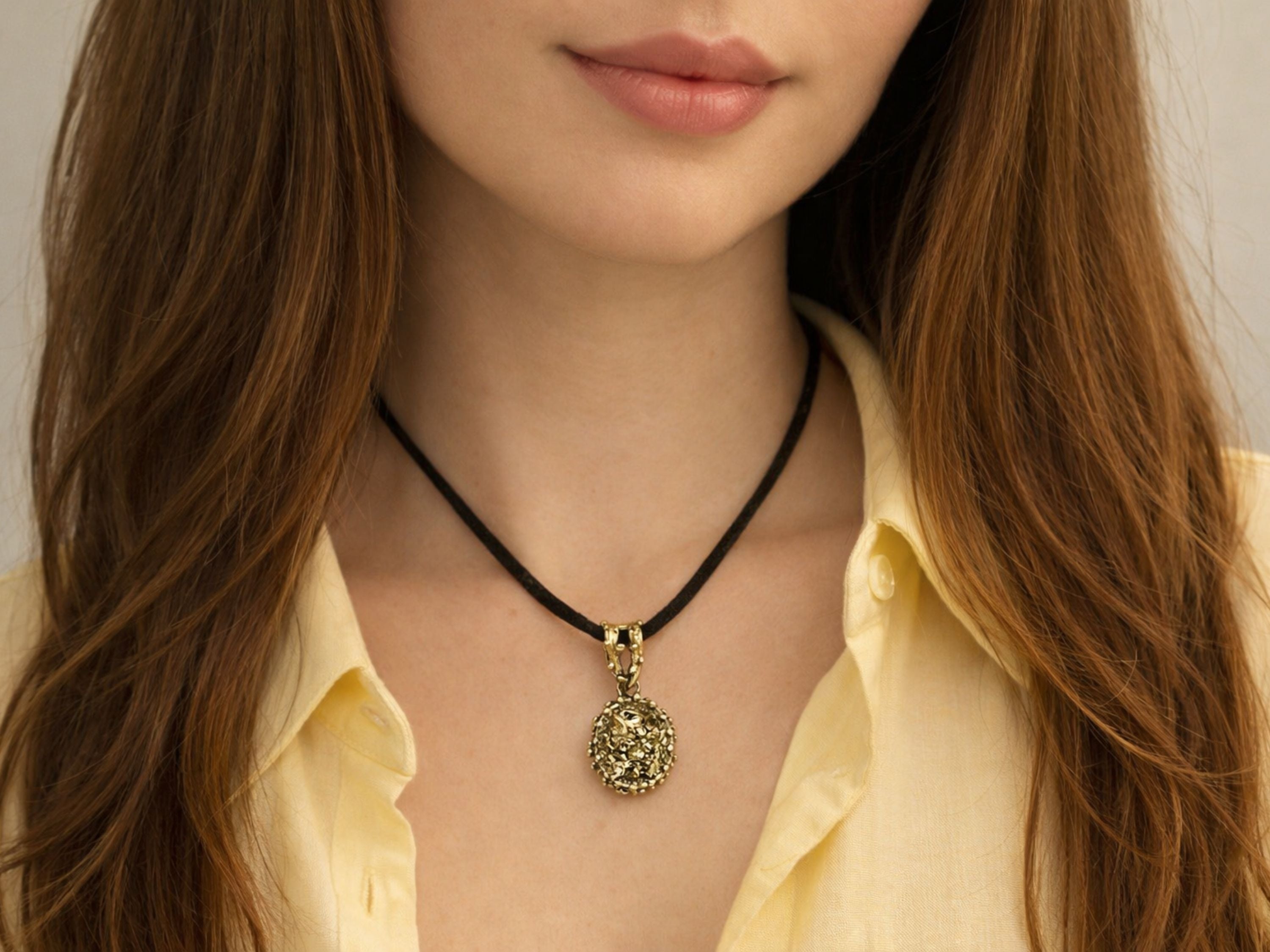 pyrite necklace on model gold gemstone pendant size reference