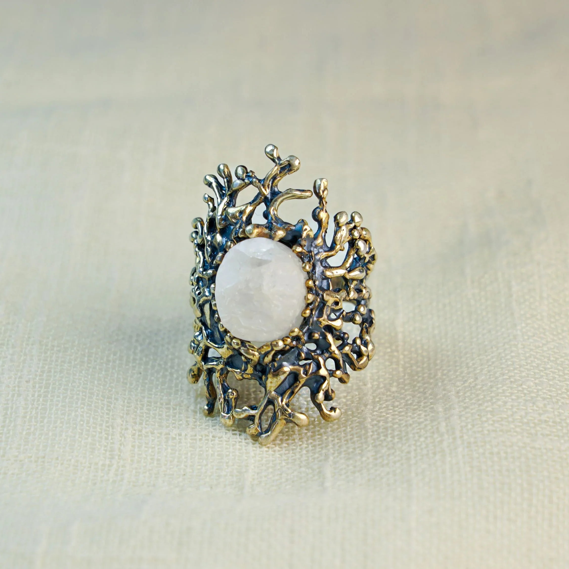 Moonstone ring front view sculptural sterling silver statement gemstone ring