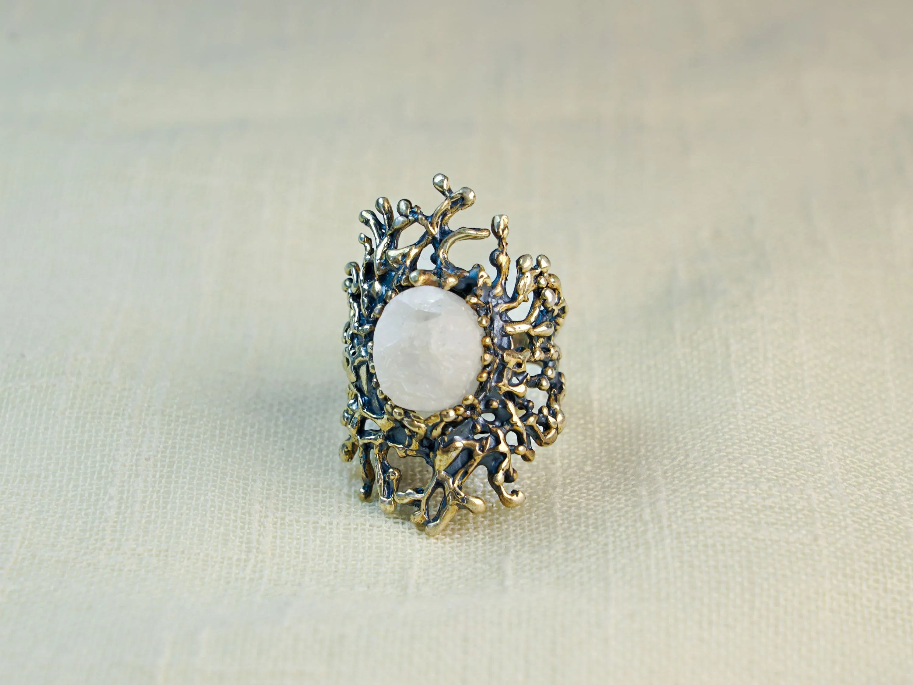 Moonstone ring front view sculptural sterling silver statement gemstone ring