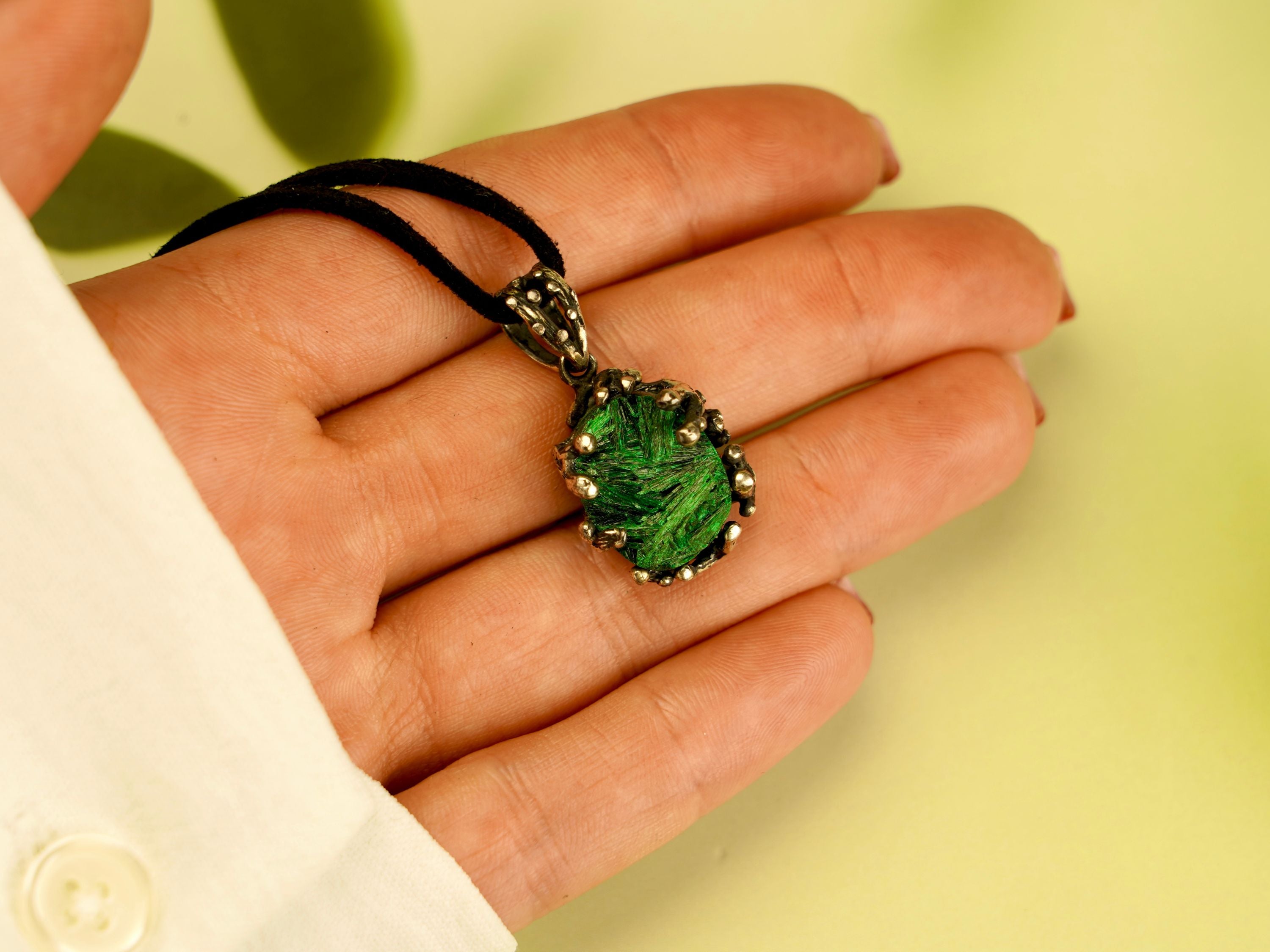 malachite necklace on hand green gemstone pendant silver jewelry