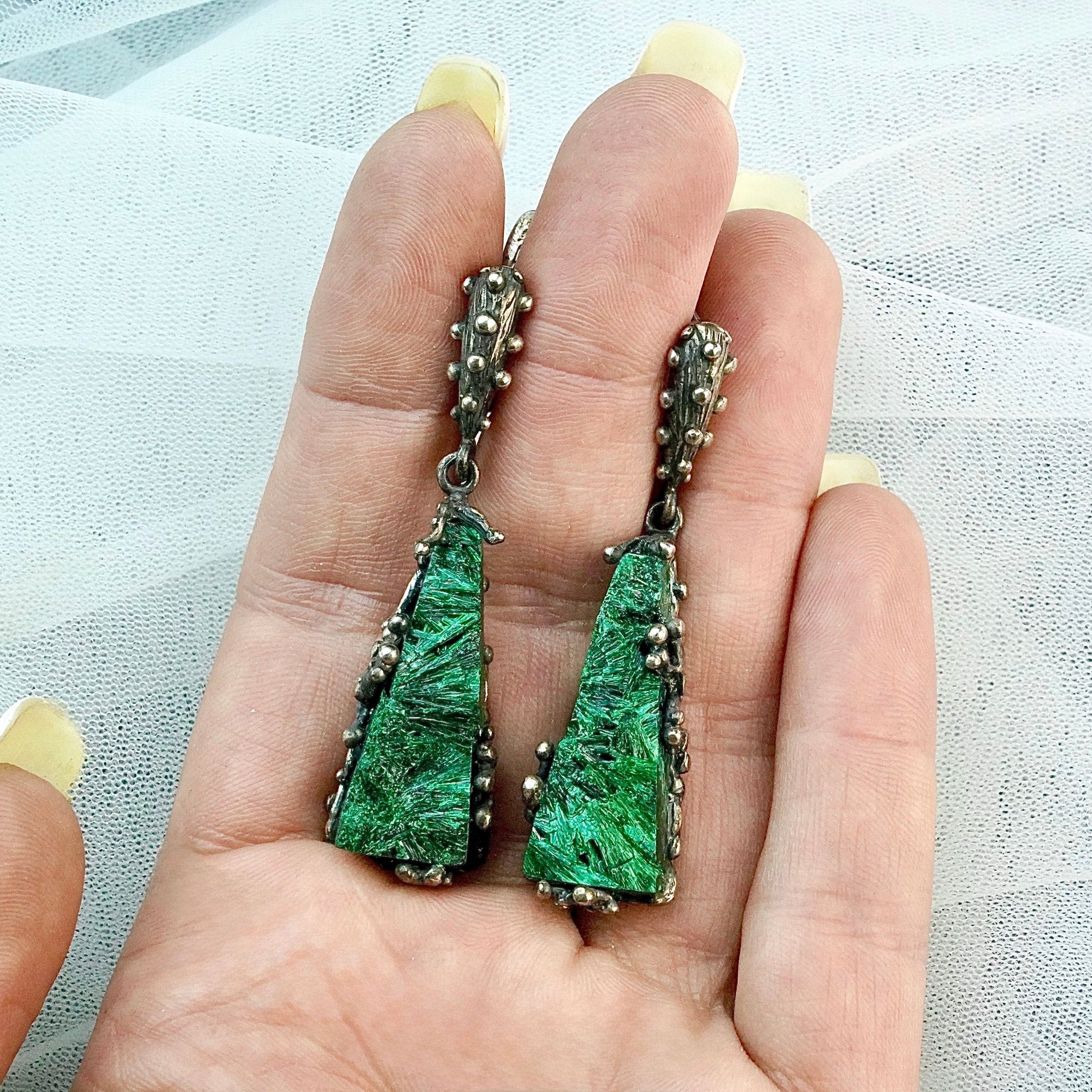 long malachite earrings on hand size reference green gemstone drop earrings