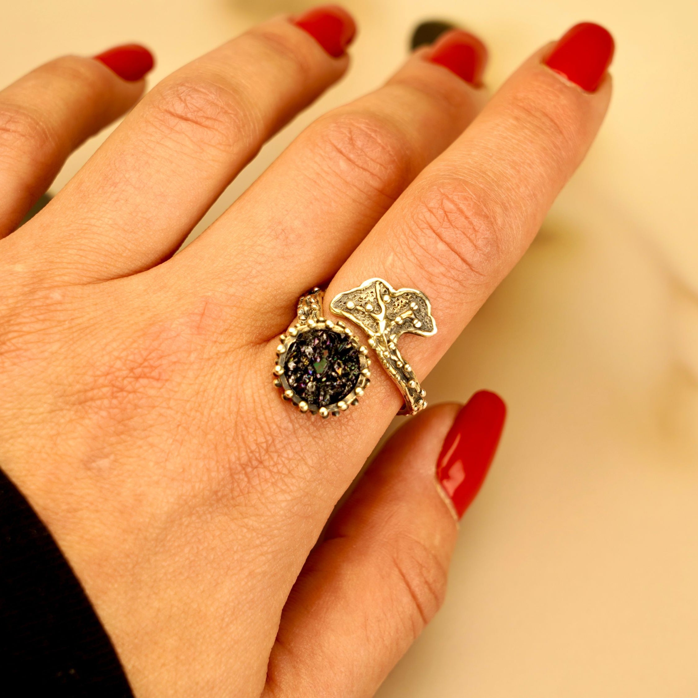 Black tourmaline adjustable ring on hand size reference natural gemstone statement jewelry
