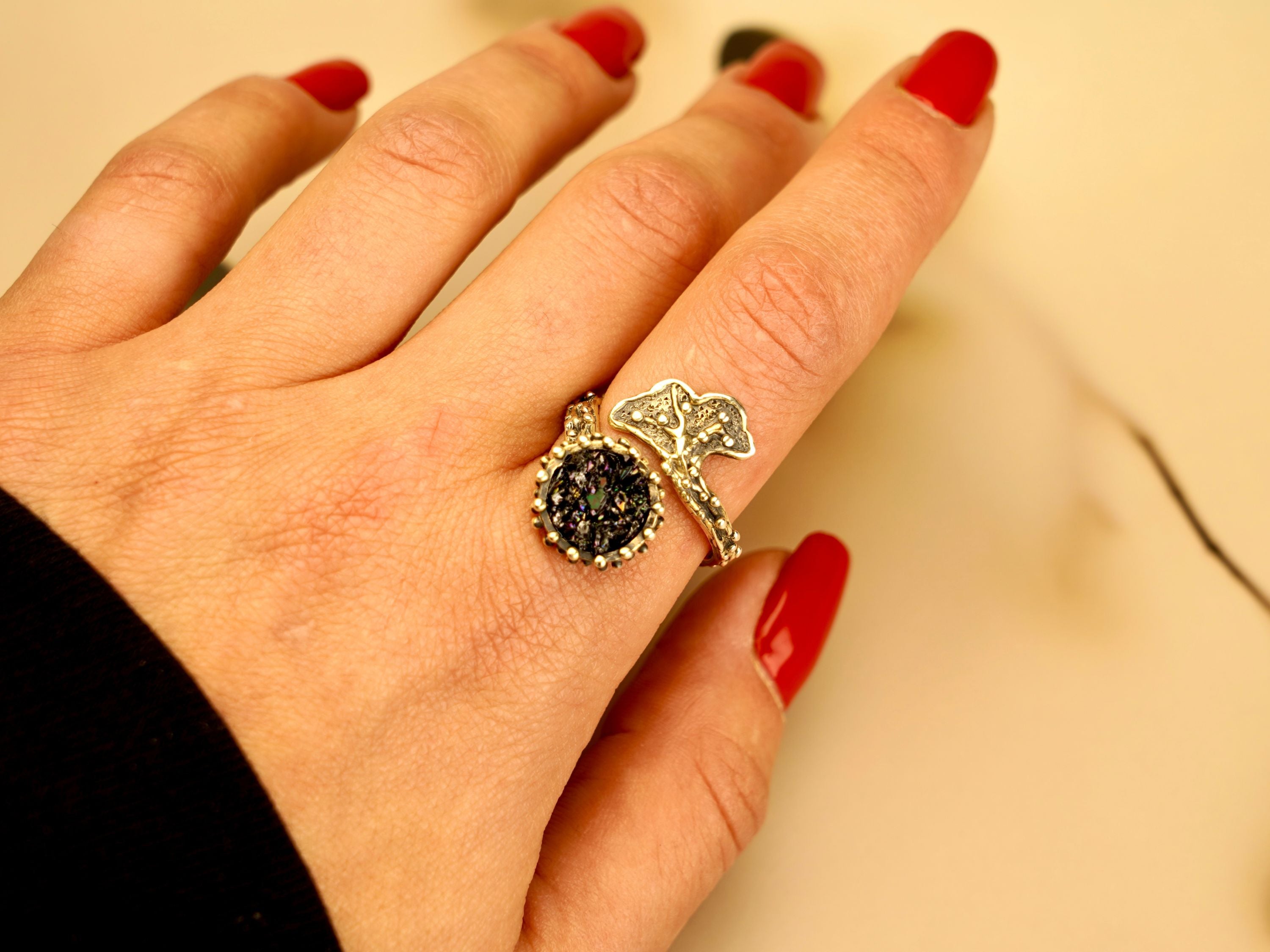 Black tourmaline adjustable ring on hand size reference natural gemstone statement jewelry