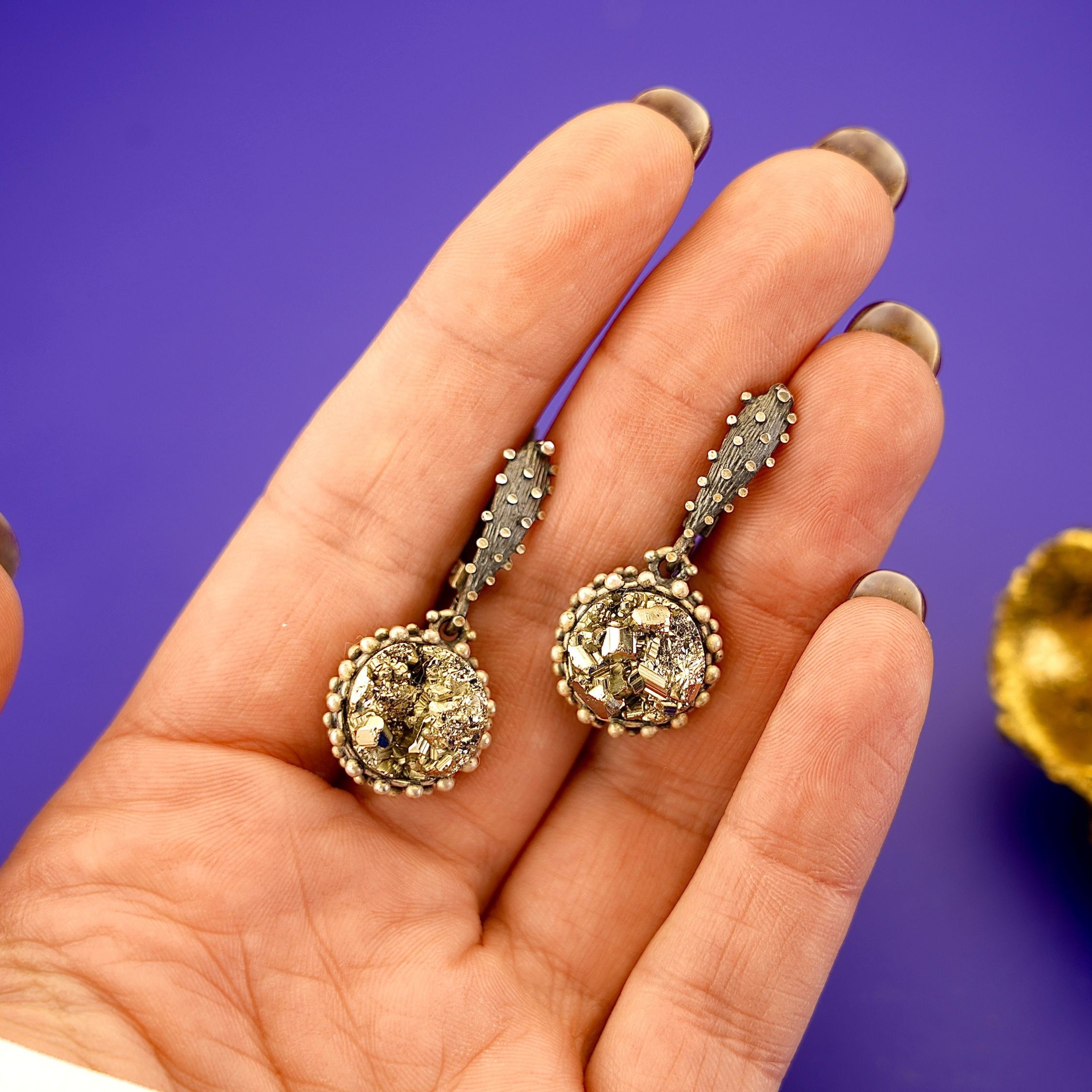 Pyrite earrings on hand size reference gold crystal stone silver earrings