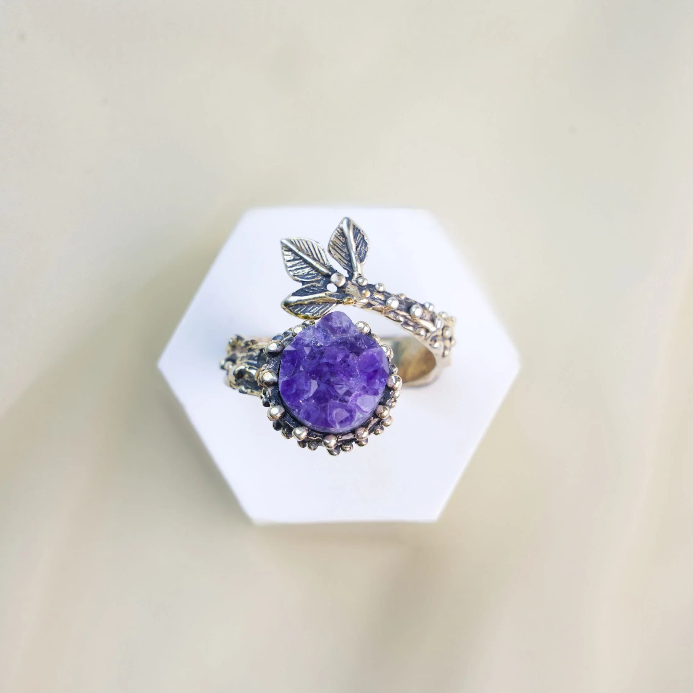 Amethyst ring top view adjustable sterling silver purple gemstone ring