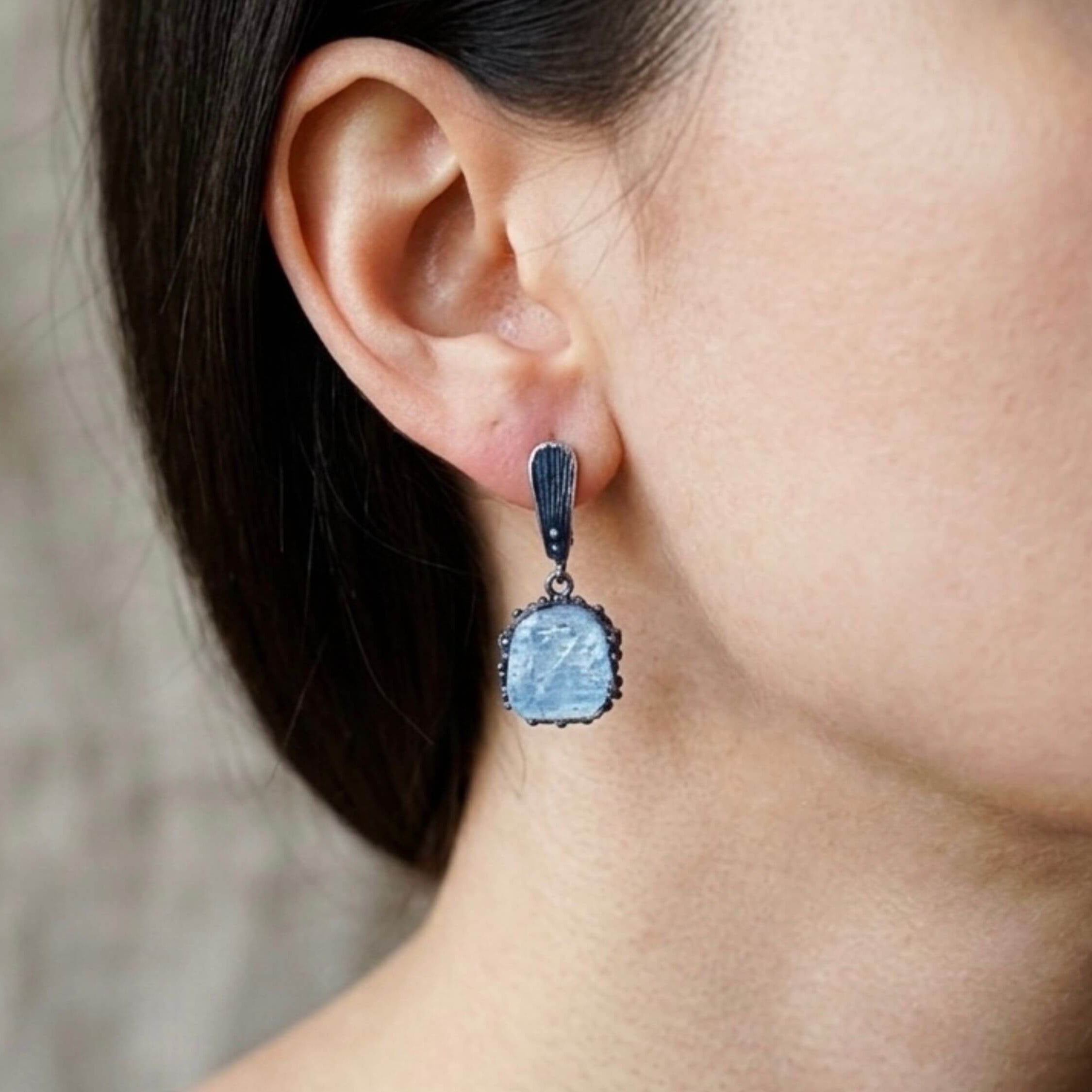 Aquamarine earrings on ear size reference raw aqua gemstone silver earrings