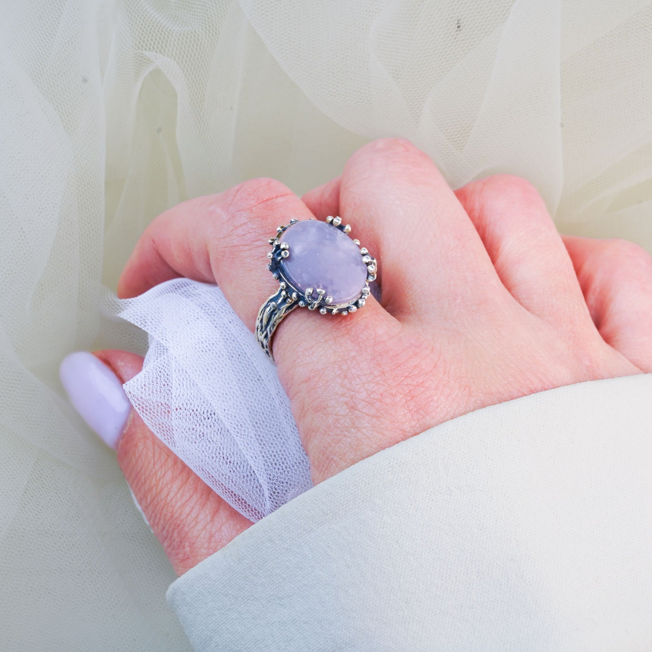 rose quartz ring on hand pink gemstone adjustable silver ring