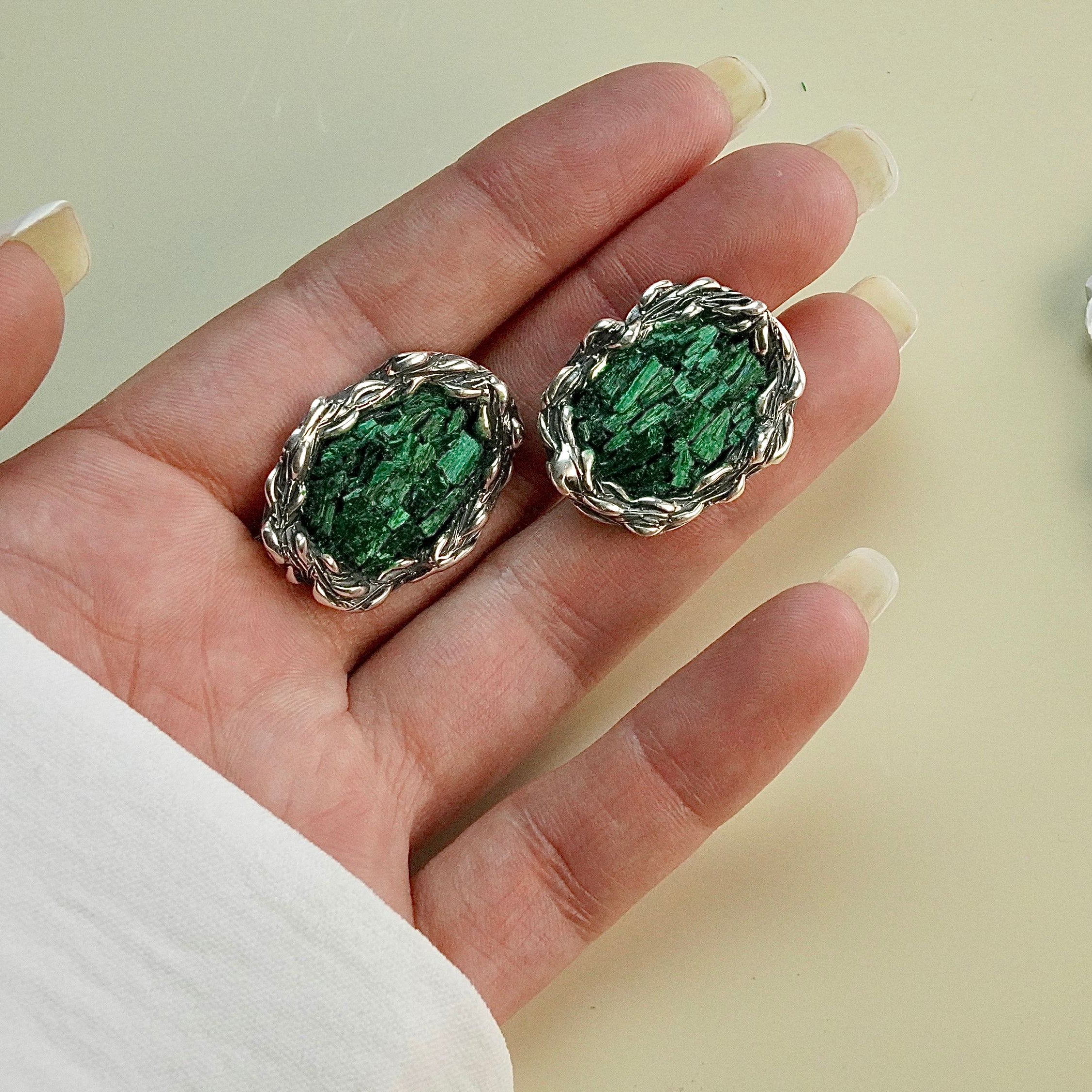 Malachite earrings on hand size reference green stone silver earrings