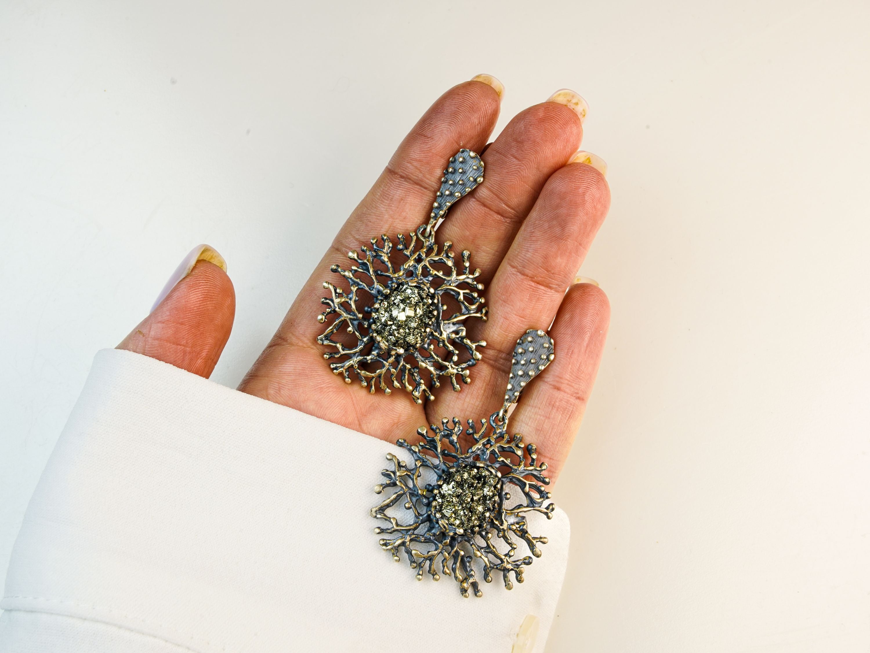 pyrite earrings on hand raw gold statement earrings sterling silver