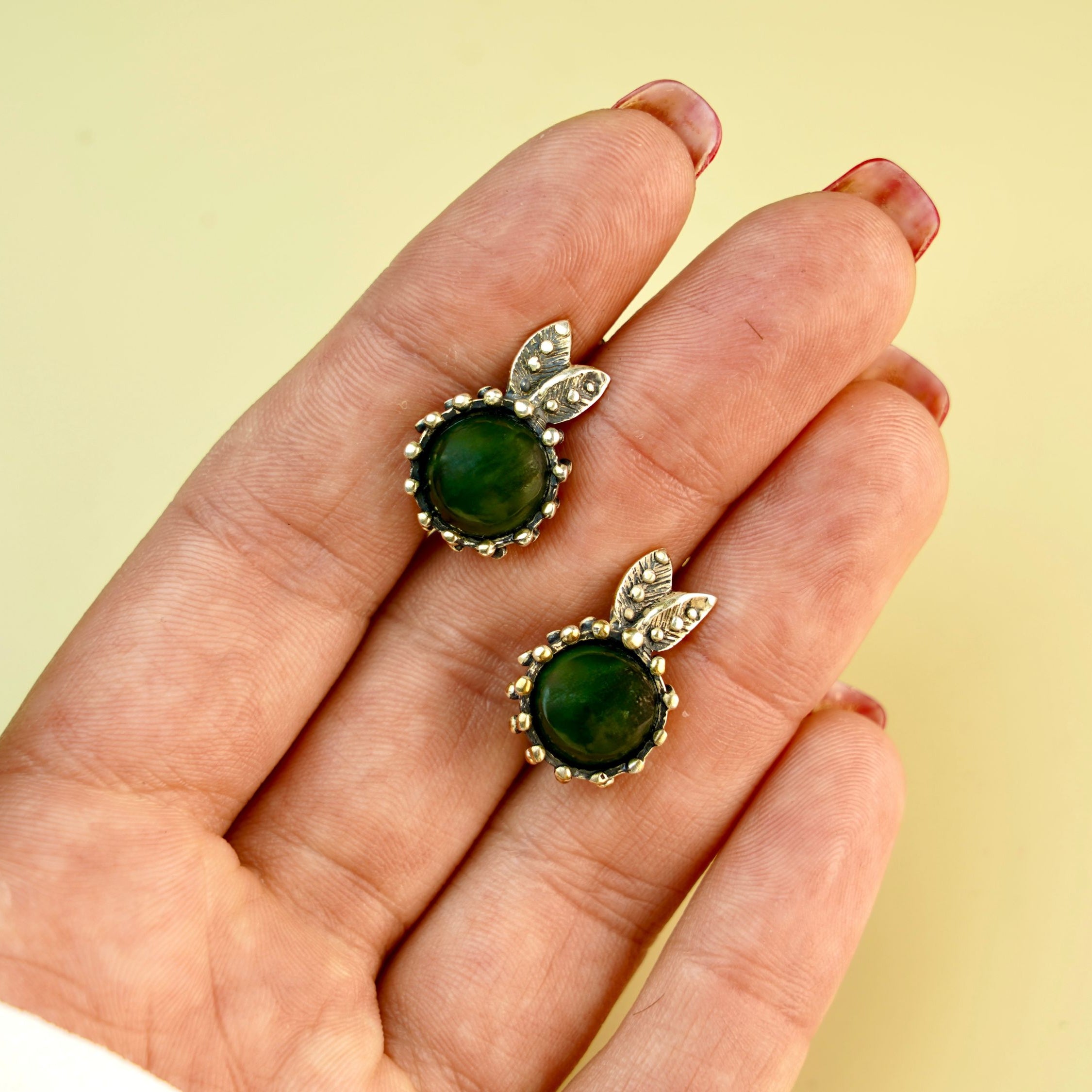 jade earrings on hand green gemstone leverback silver jewelry