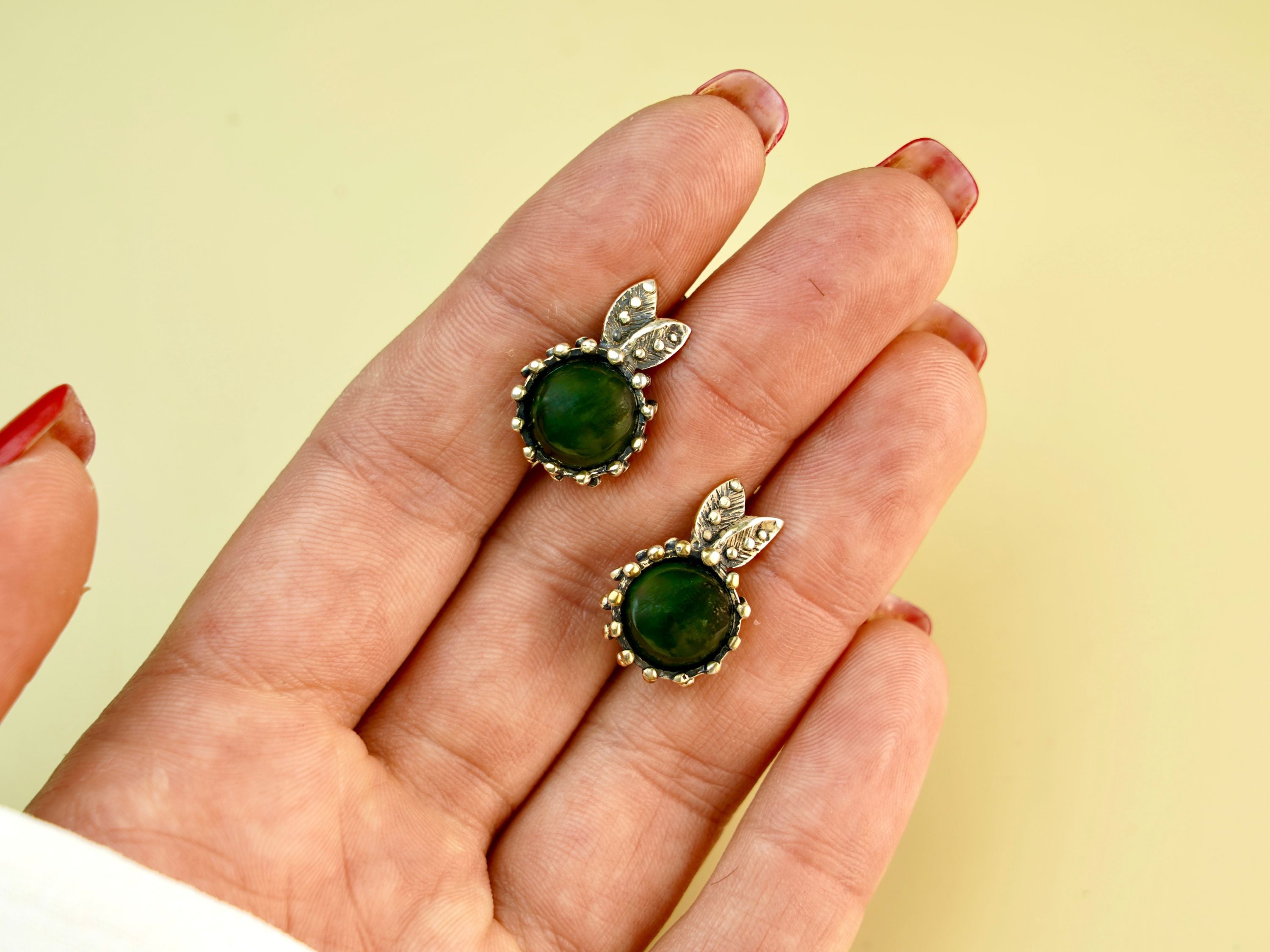 jade earrings on hand green gemstone leverback silver jewelry