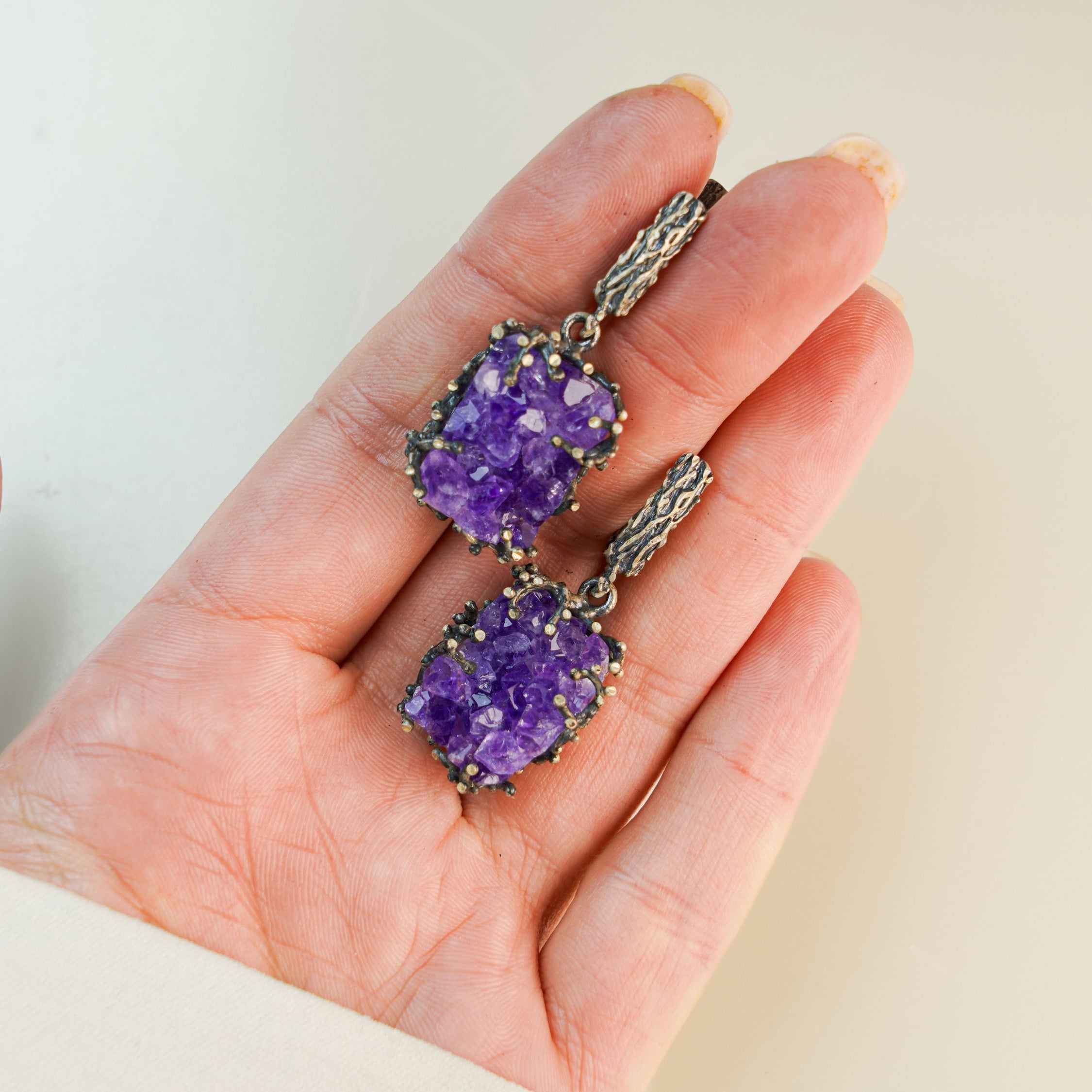 amethyst drop earrings on hand purple gemstone dangle silver earrings