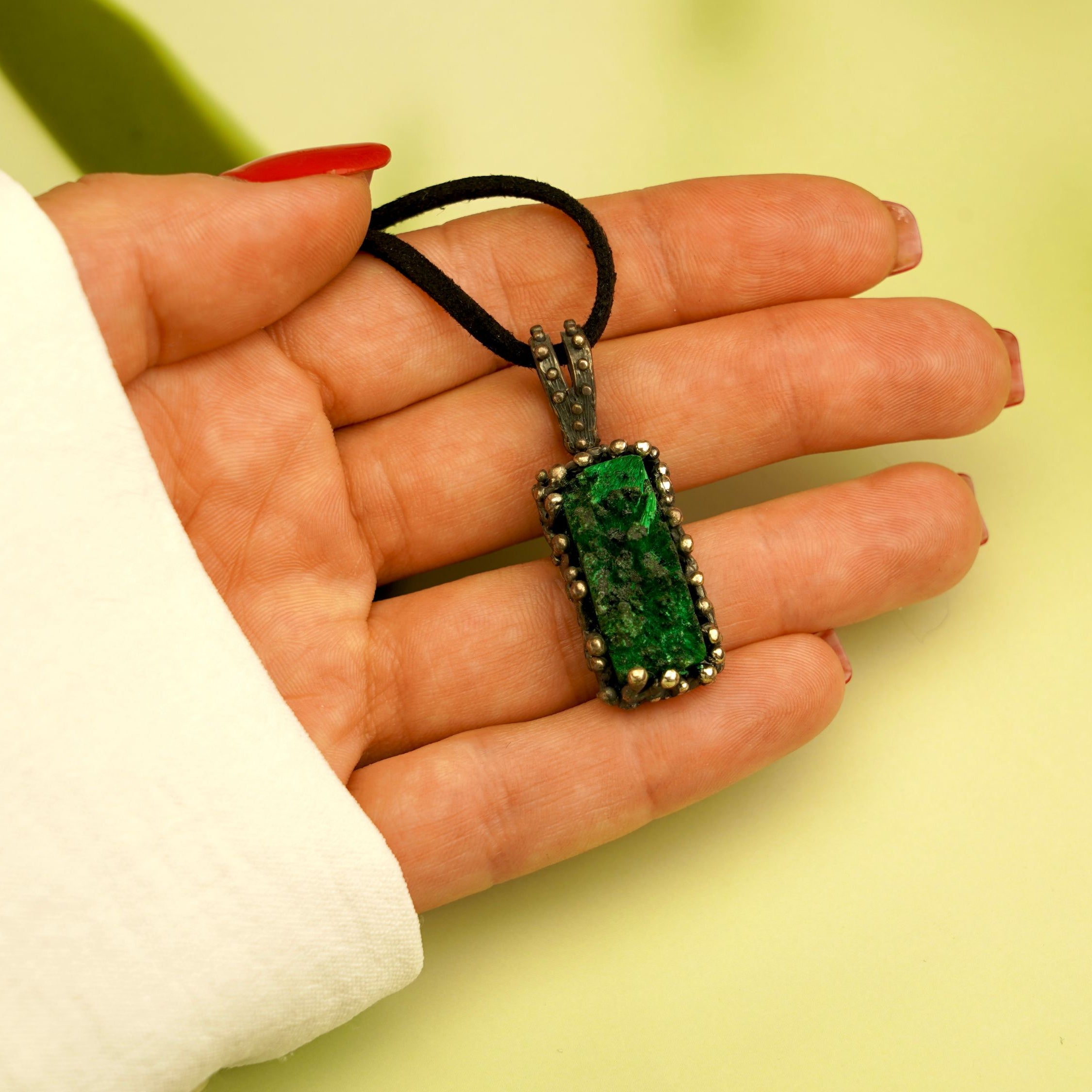 malachite necklace on hand green gemstone pendant size reference