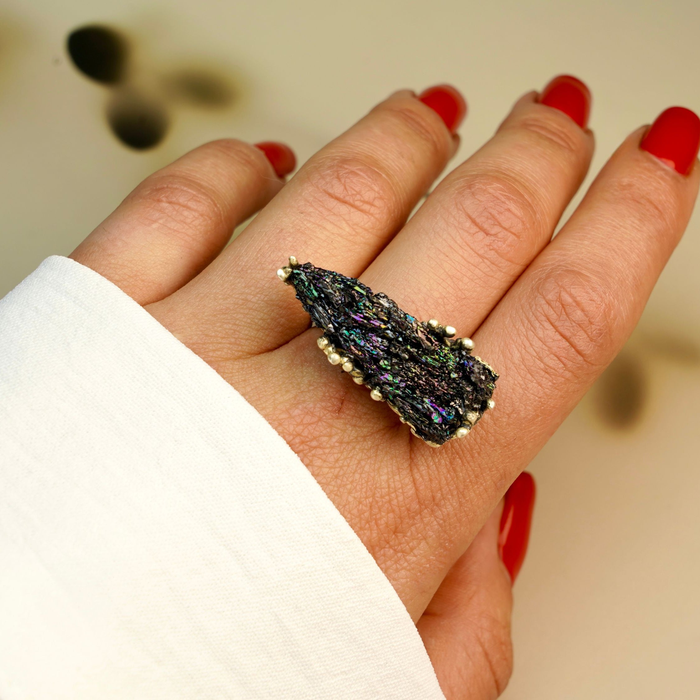 tourmaline ring on hand raw black gemstone adjustable silver ring