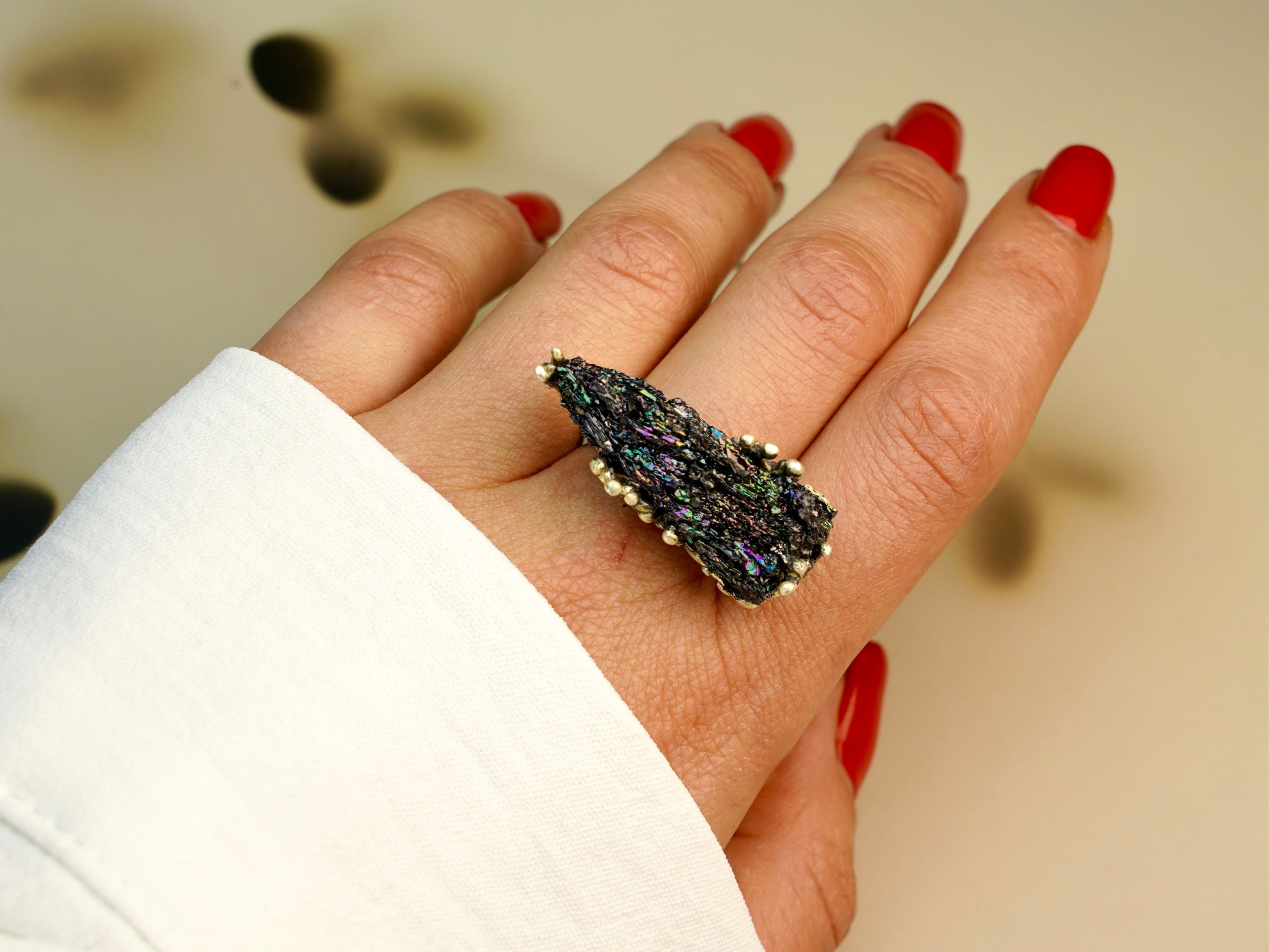 tourmaline ring on hand raw black gemstone adjustable silver ring