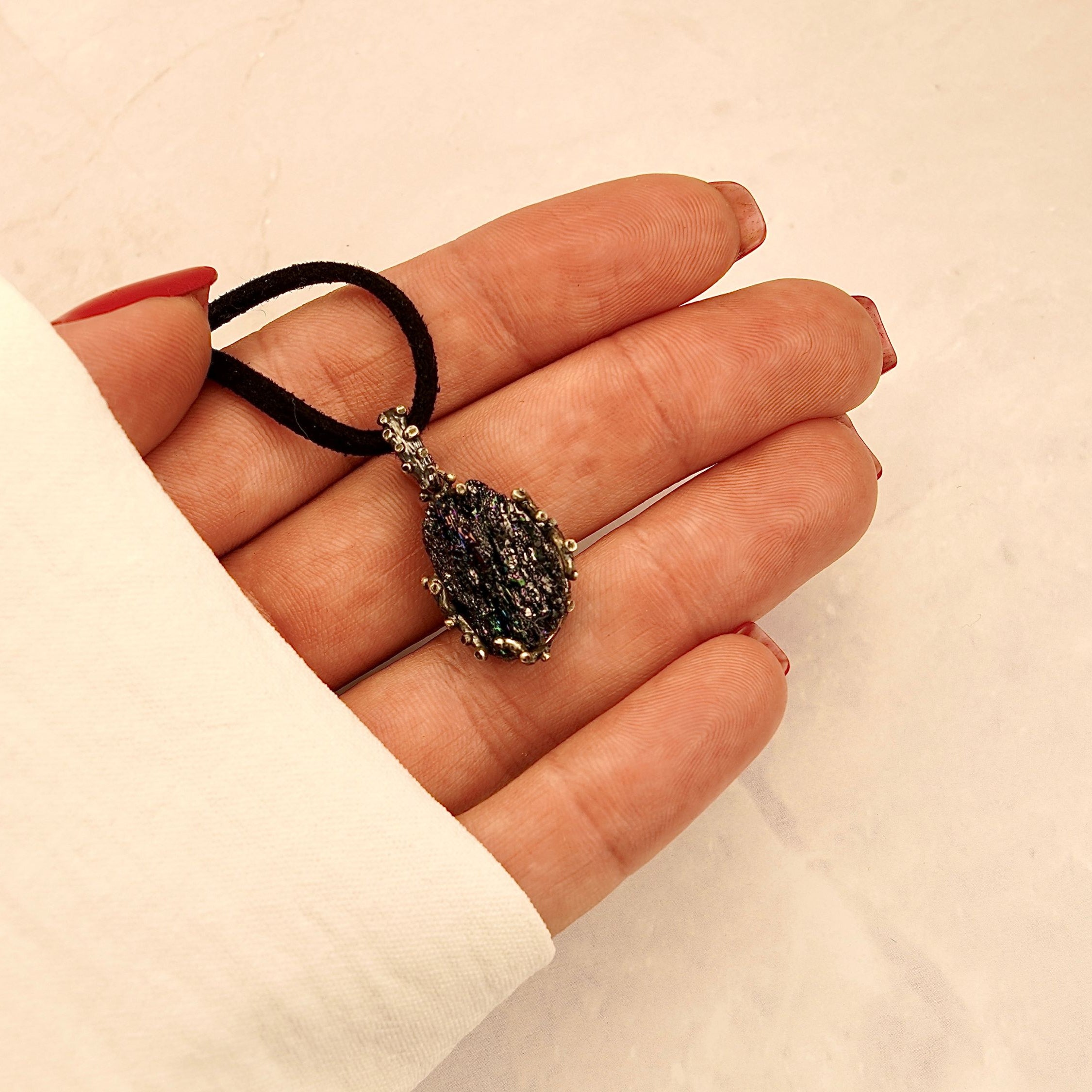 black tourmaline necklace on hand size reference raw crystal jewelry